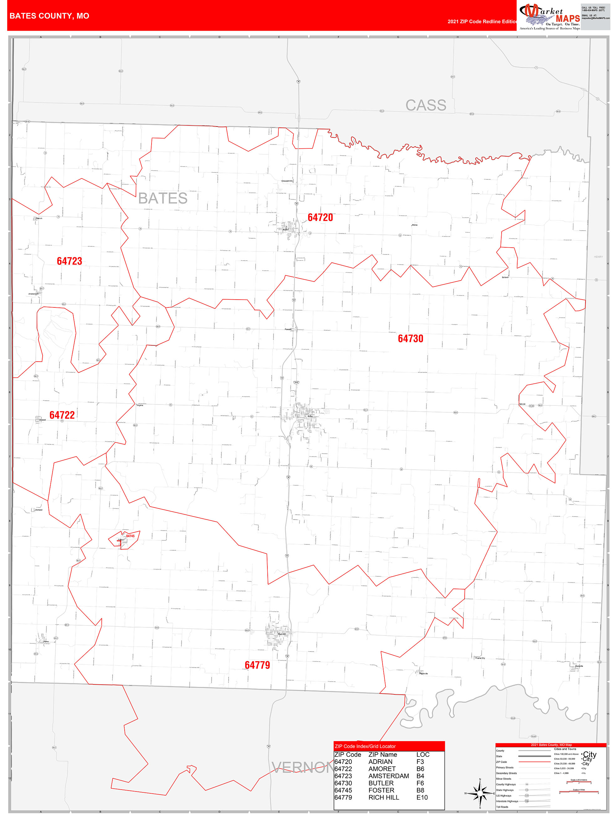 Bates County, MO Zip Code Wall Map Red Line Style by MarketMAPS MapSales