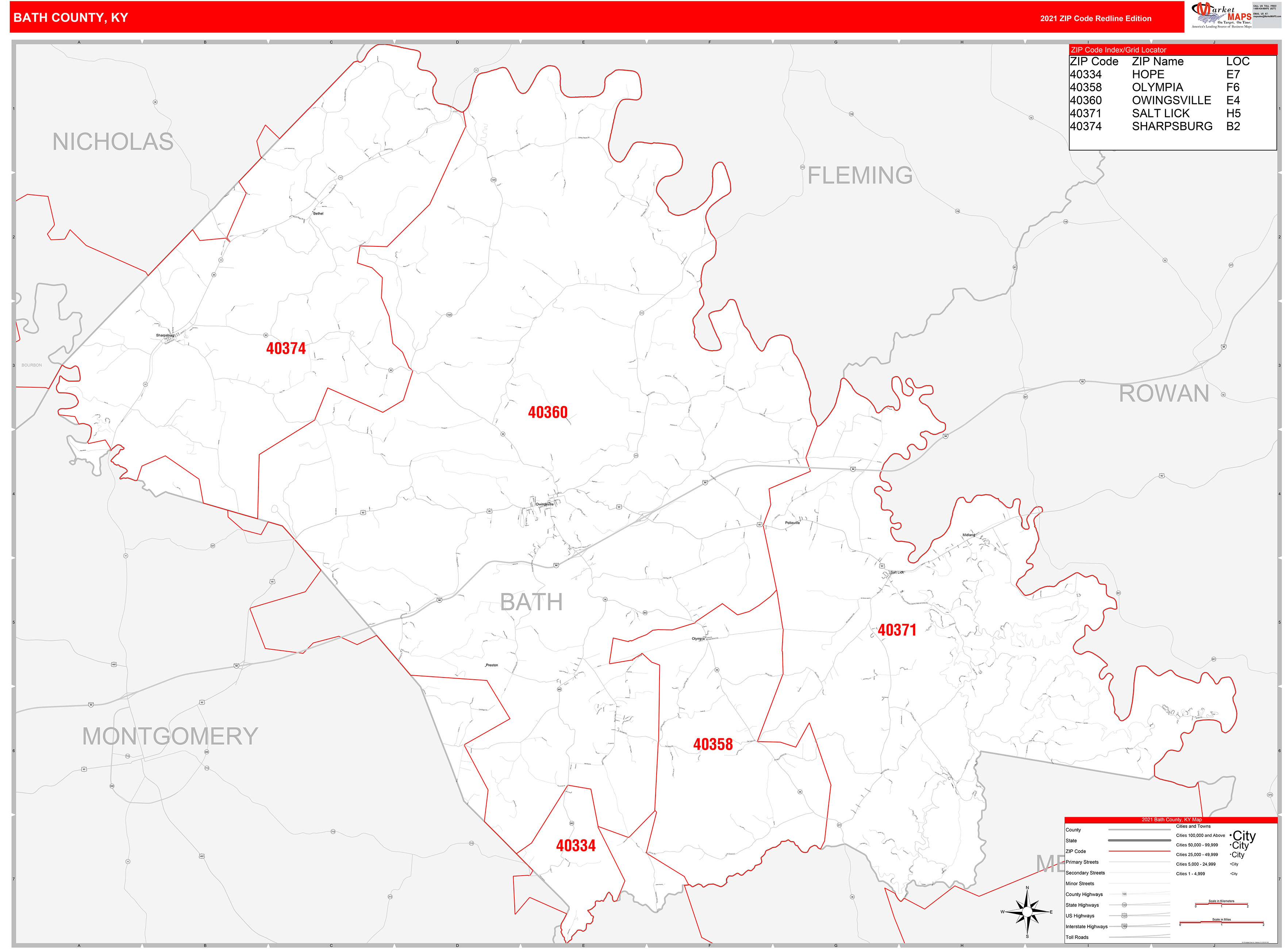 Bath County, KY Zip Code Wall Map Red Line Style by MarketMAPS