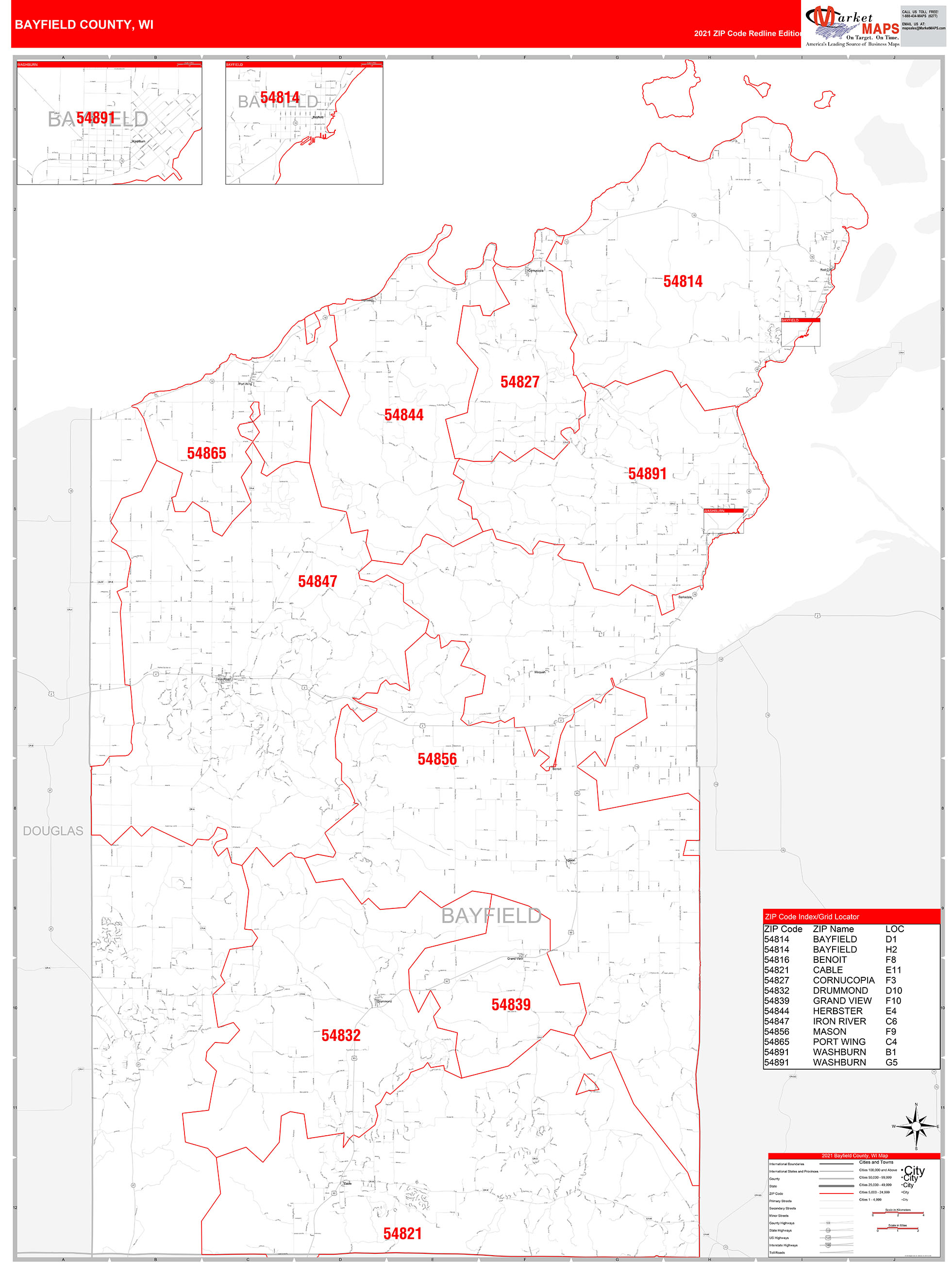 Bayfield County, WI Zip Code Wall Map Red Line Style by MarketMAPS