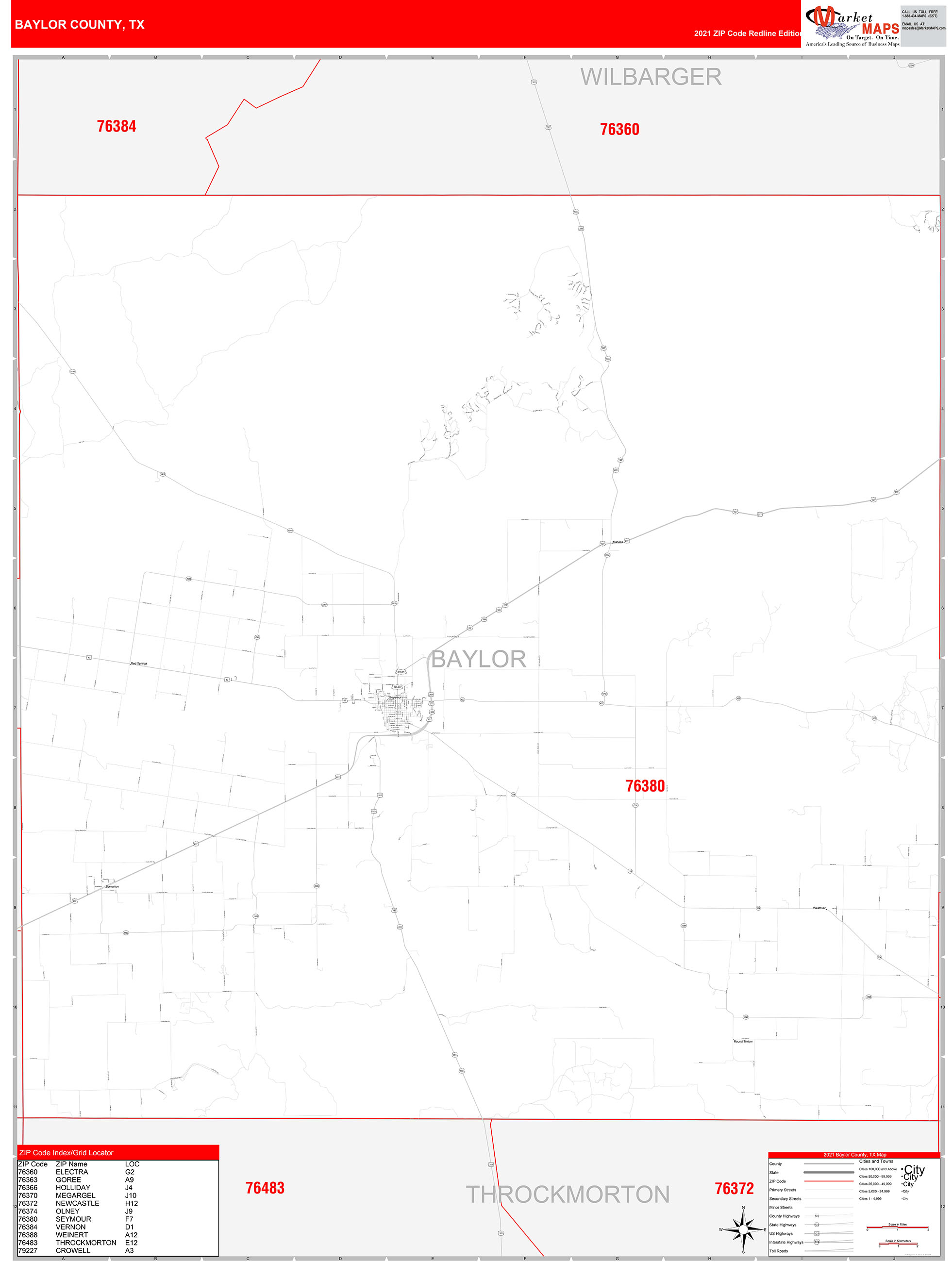 Baylor County, TX Zip Code Wall Map Red Line Style by MarketMAPS