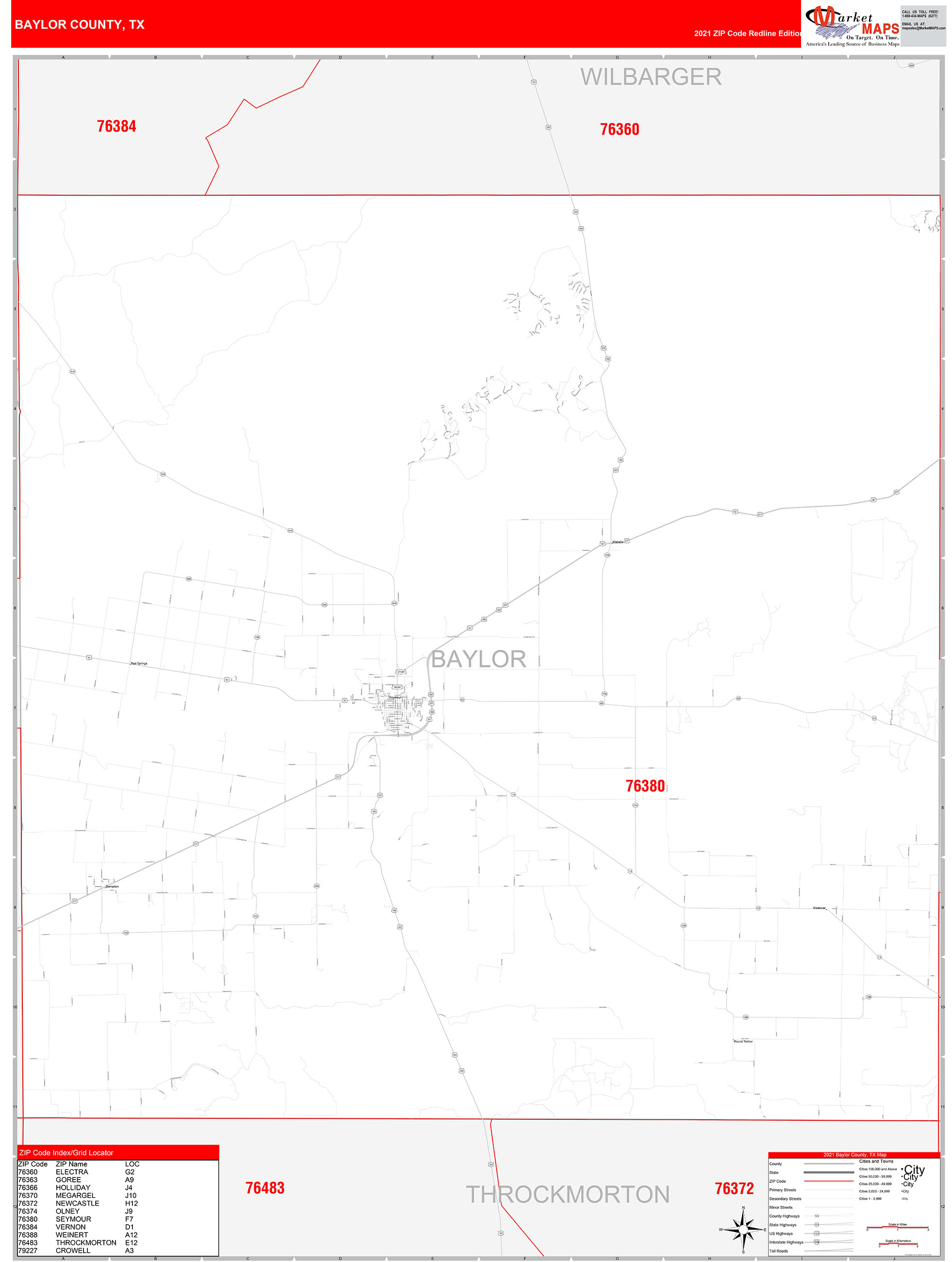 Baylor County Tx Zip Code Wall Map Red Line Style By Marketmaps