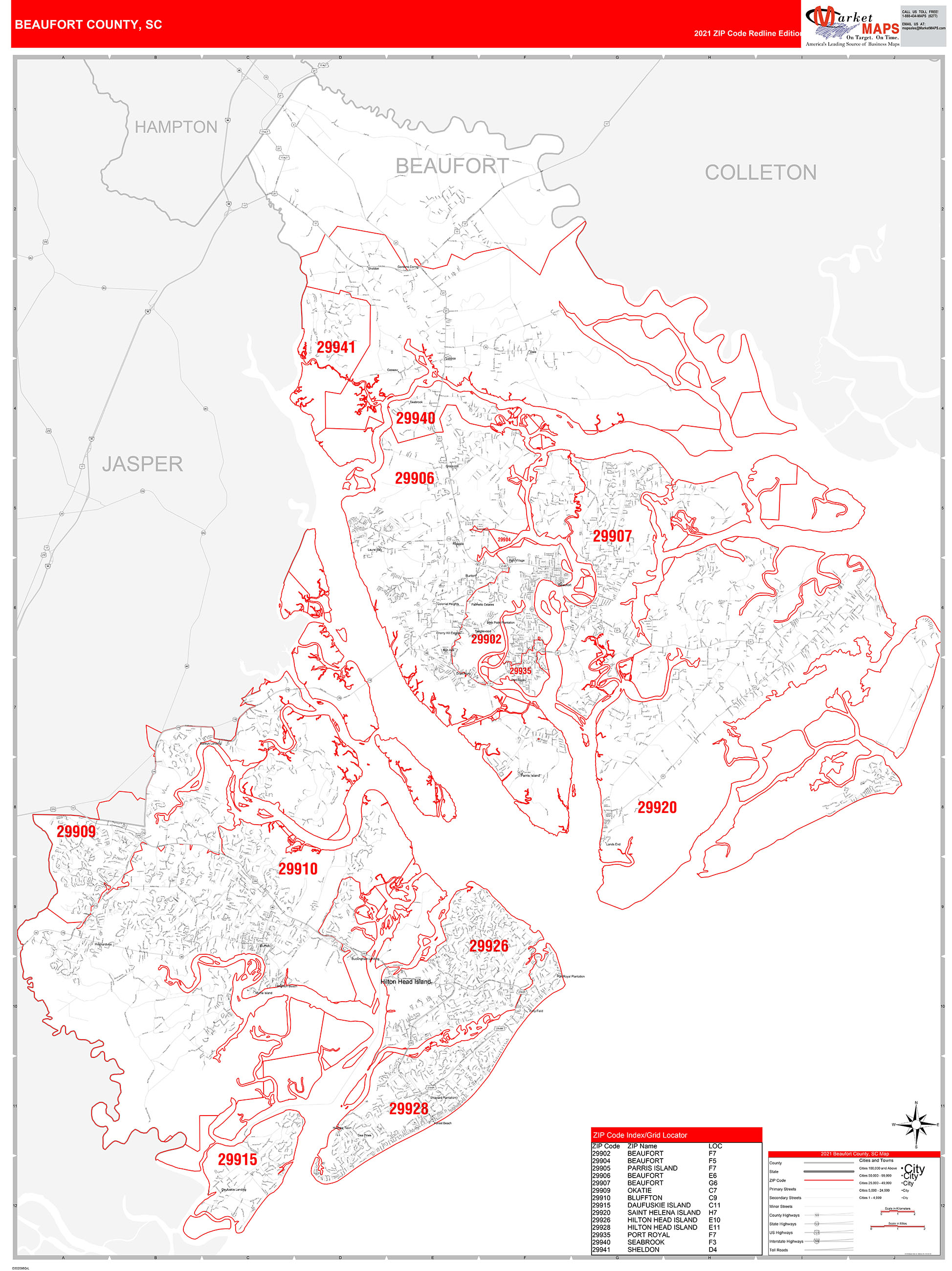 Beaufort County, SC Zip Code Wall Map Red Line Style by MarketMAPS