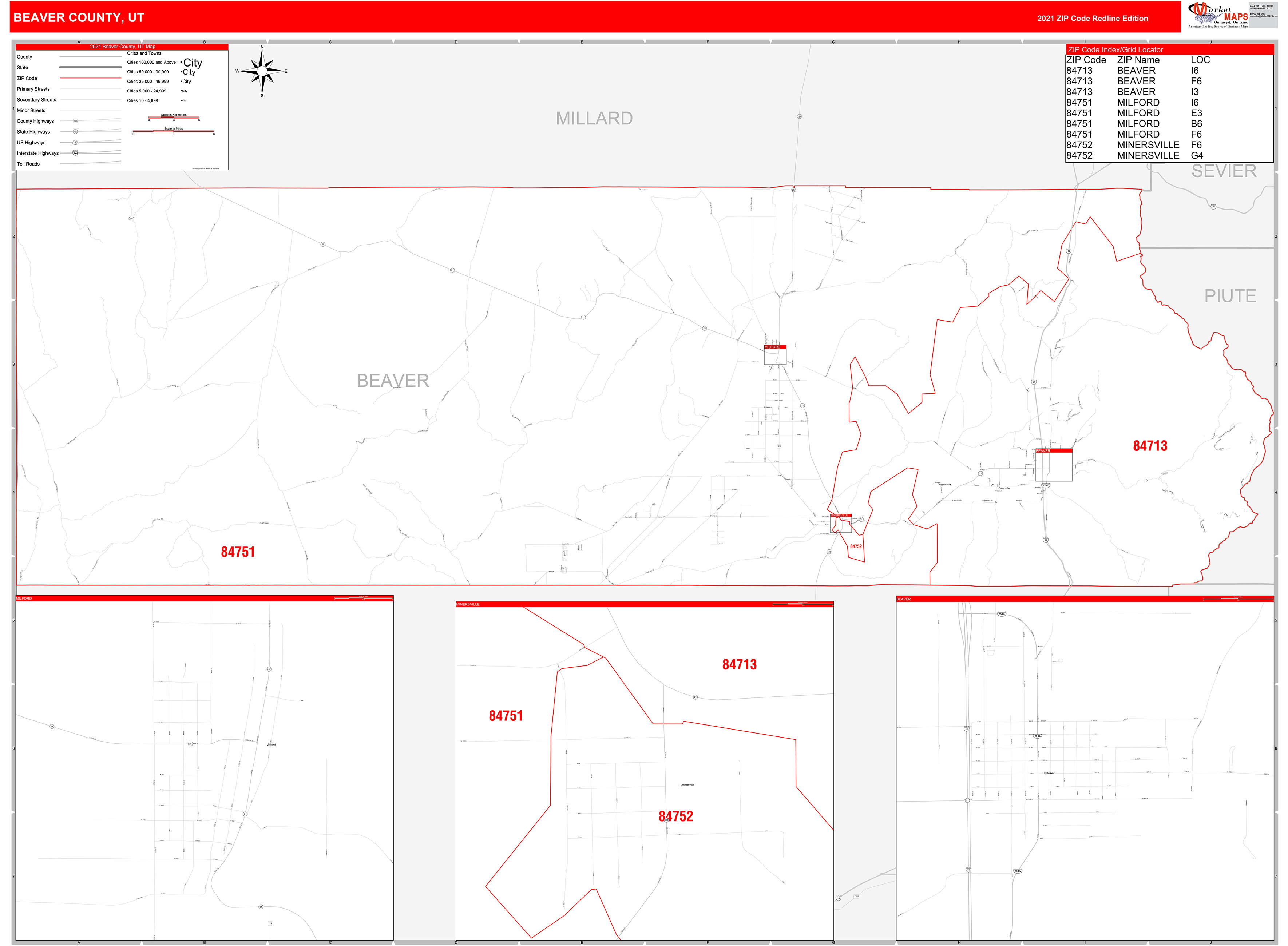 Beaver County, UT Zip Code Wall Map Red Line Style by MarketMAPS