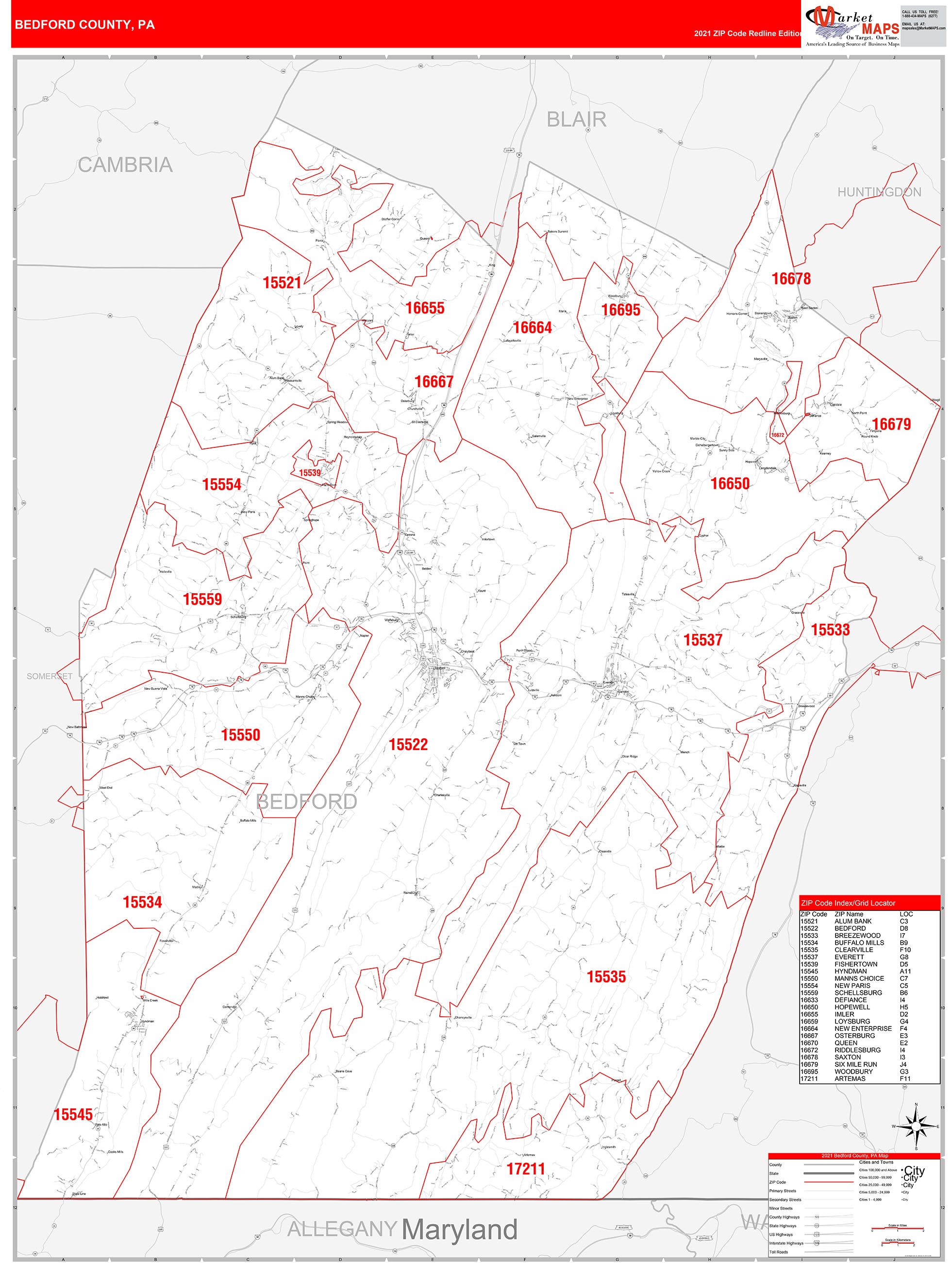 Bedford County, PA Zip Code Wall Map Red Line Style by MarketMAPS