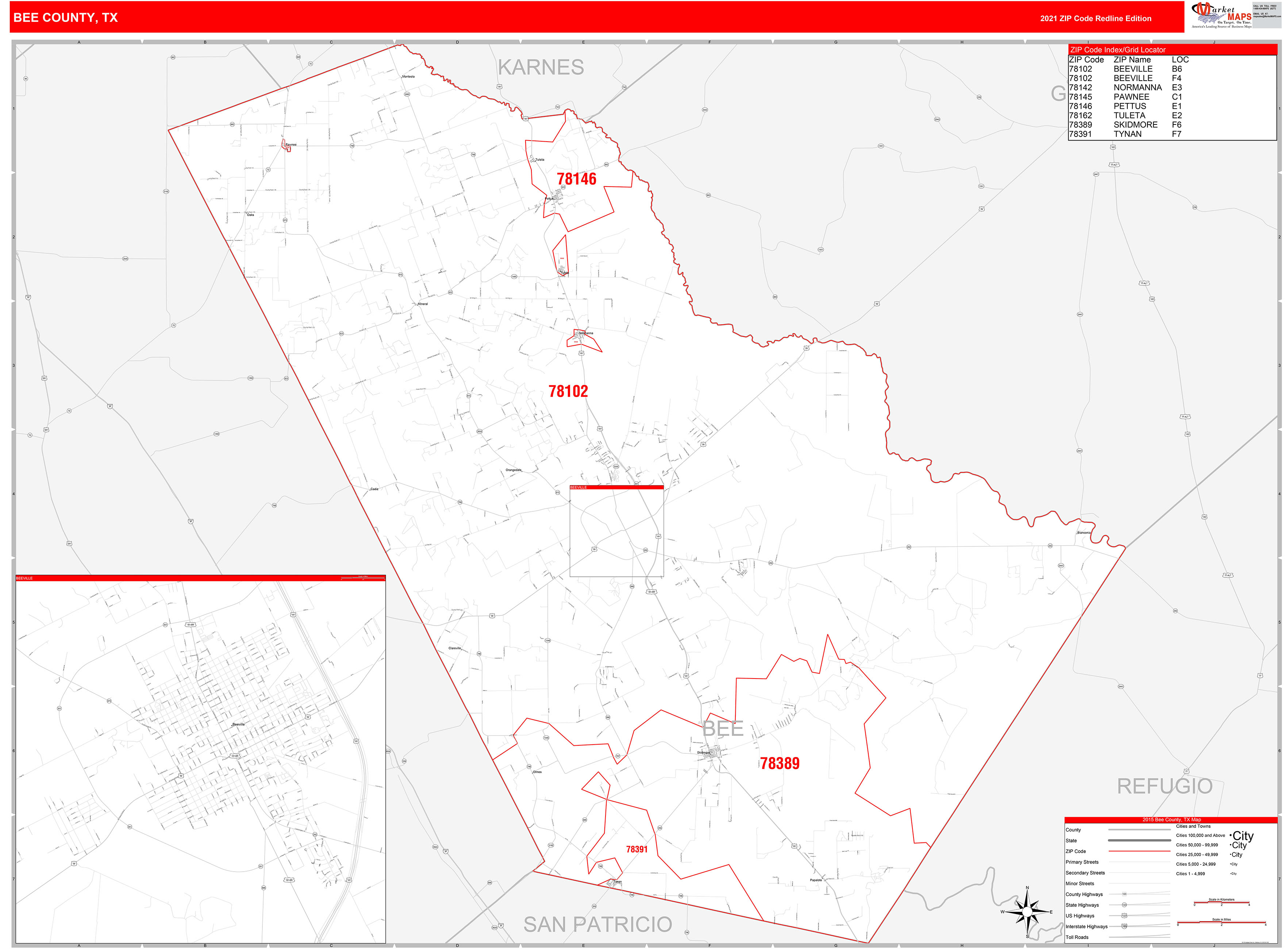 Bee County, TX Zip Code Wall Map Red Line Style by MarketMAPS