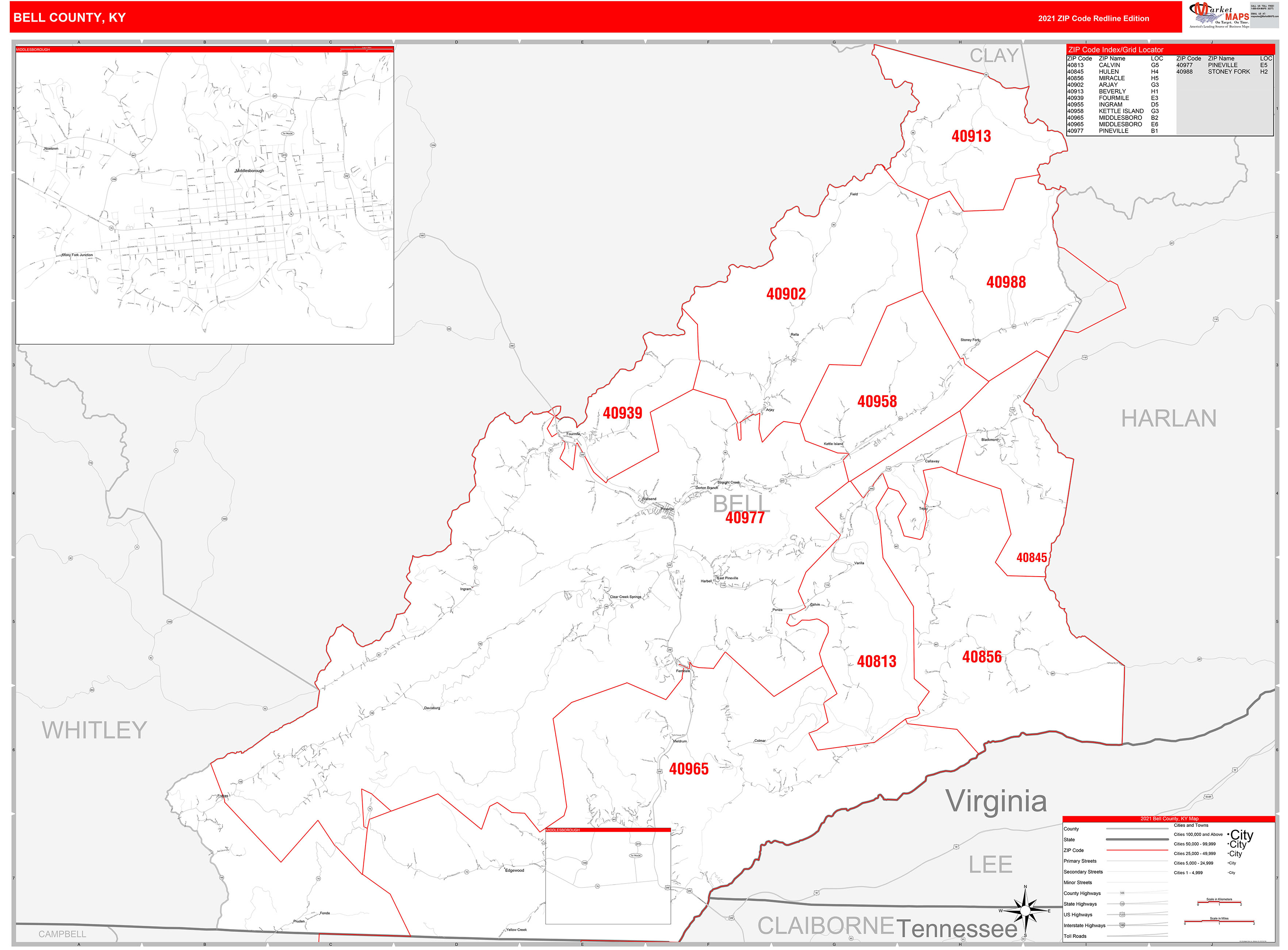 Bell County, KY Zip Code Wall Map Red Line Style by MarketMAPS MapSales