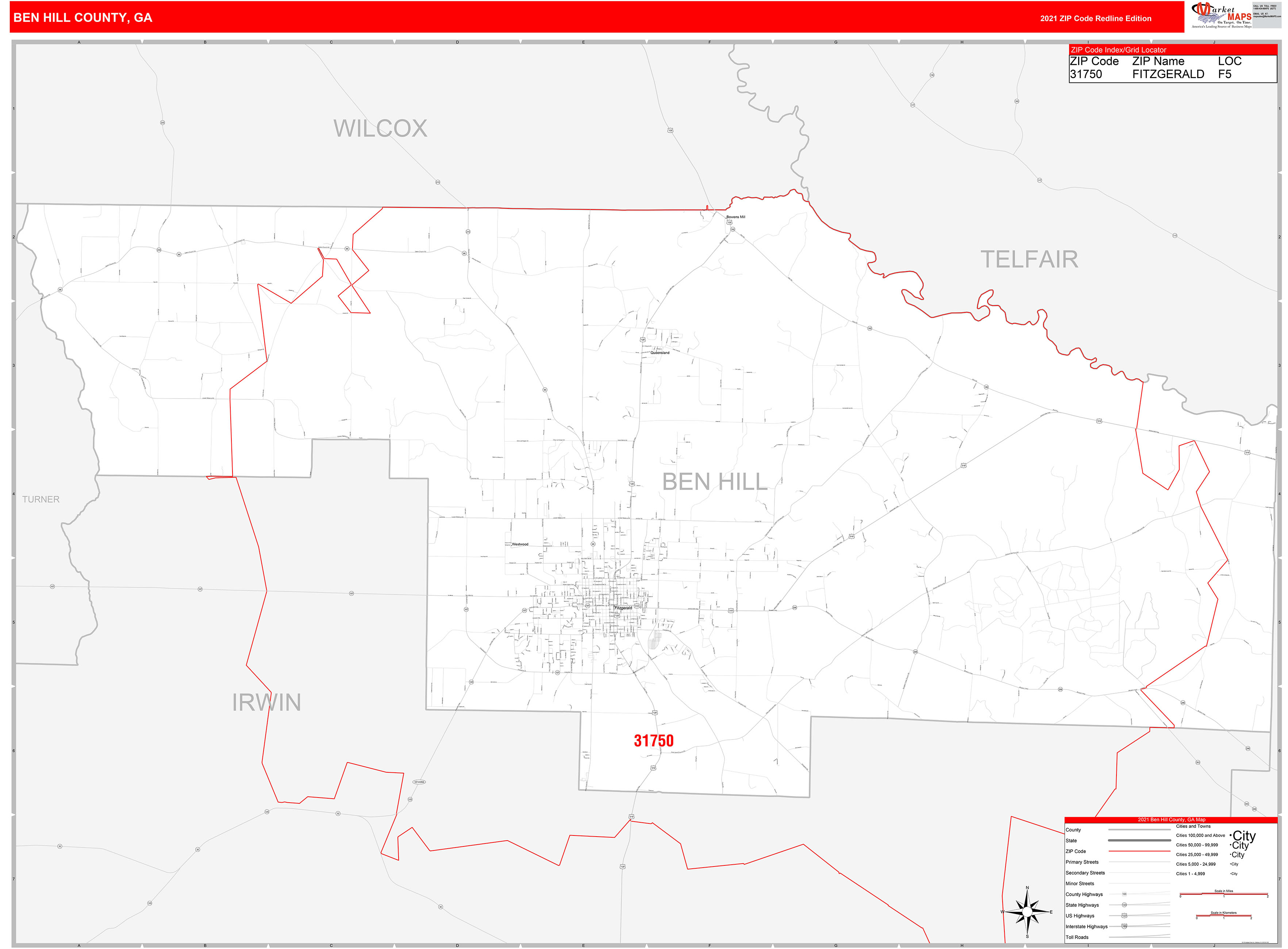 Ben Hill County, GA Zip Code Wall Map Red Line Style by MarketMAPS