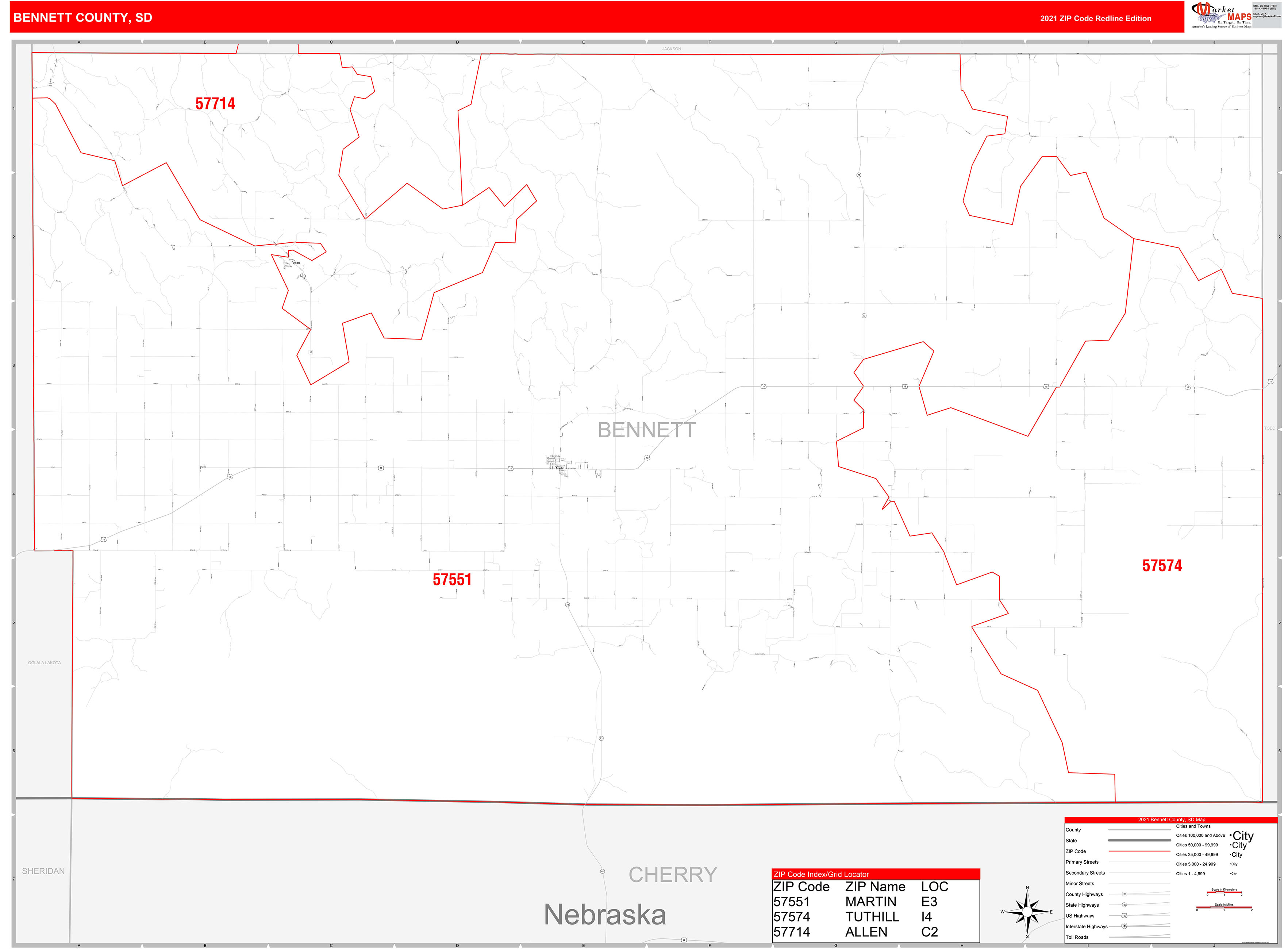 County, SD Zip Code Wall Map Red Line Style by MarketMAPS
