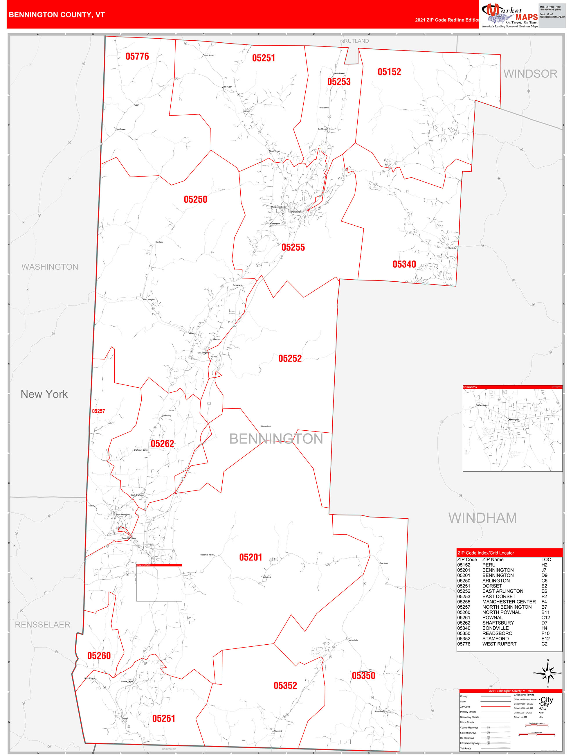 Bennington County, VT Zip Code Wall Map Red Line Style by MarketMAPS