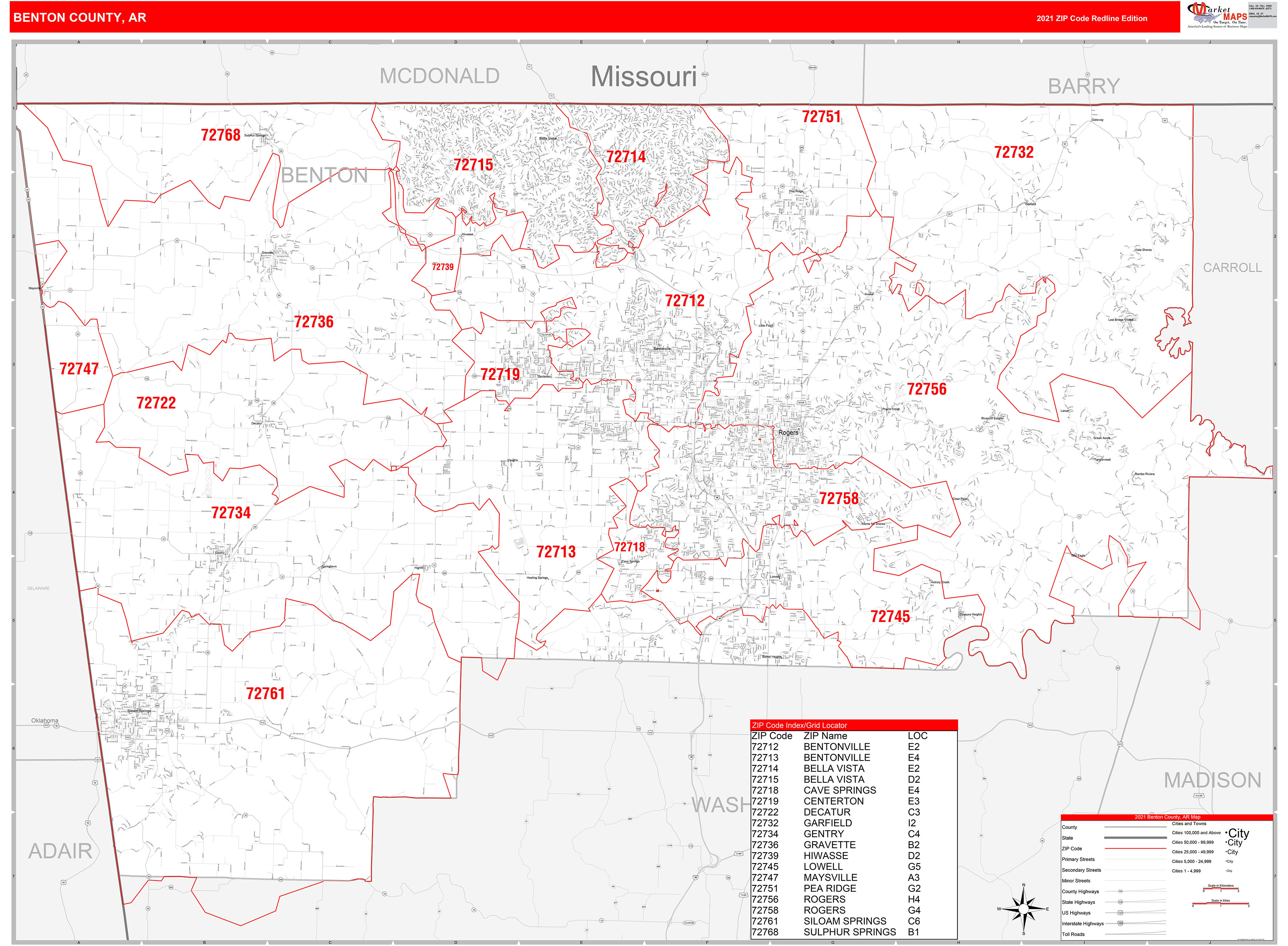 Benton County, AR Zip Code Wall Map Red Line Style by MarketMAPS