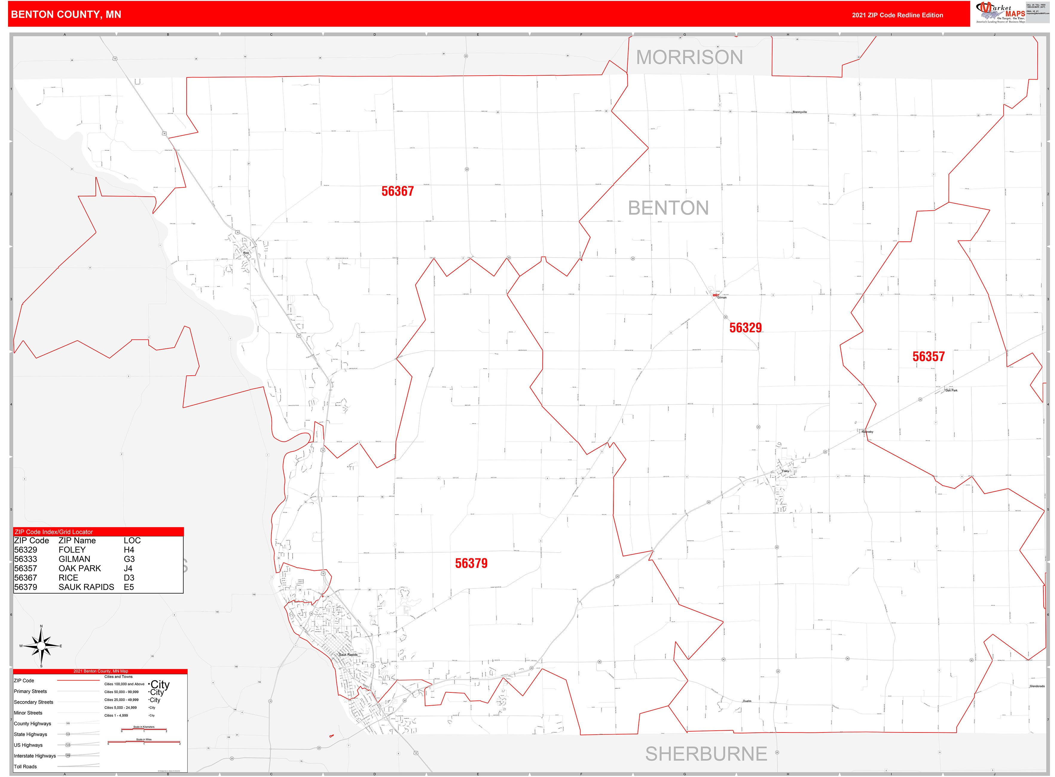 Benton County, MN Zip Code Wall Map Red Line Style by MarketMAPS MapSales