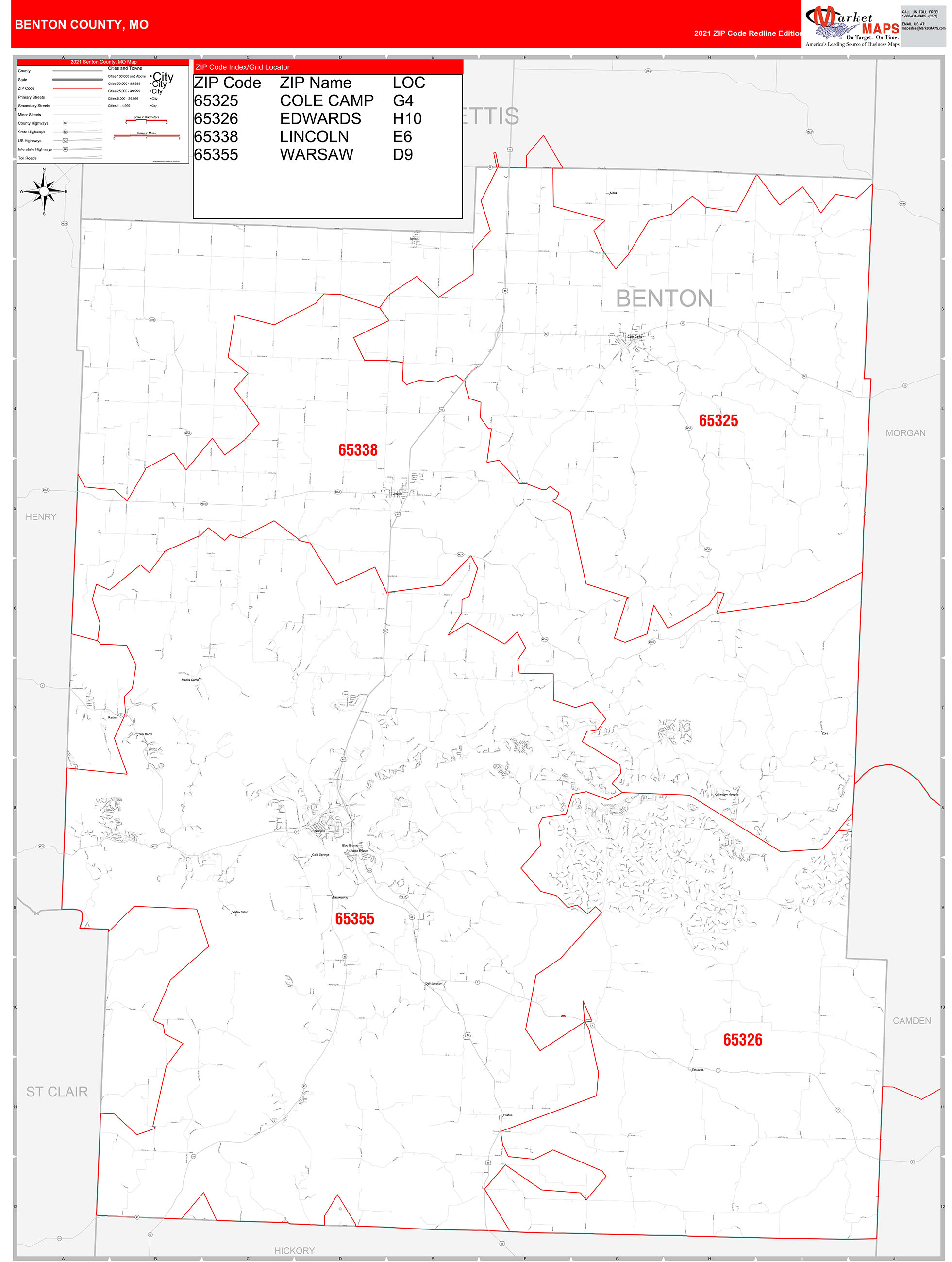 Benton County, MO Zip Code Wall Map Red Line Style by MarketMAPS