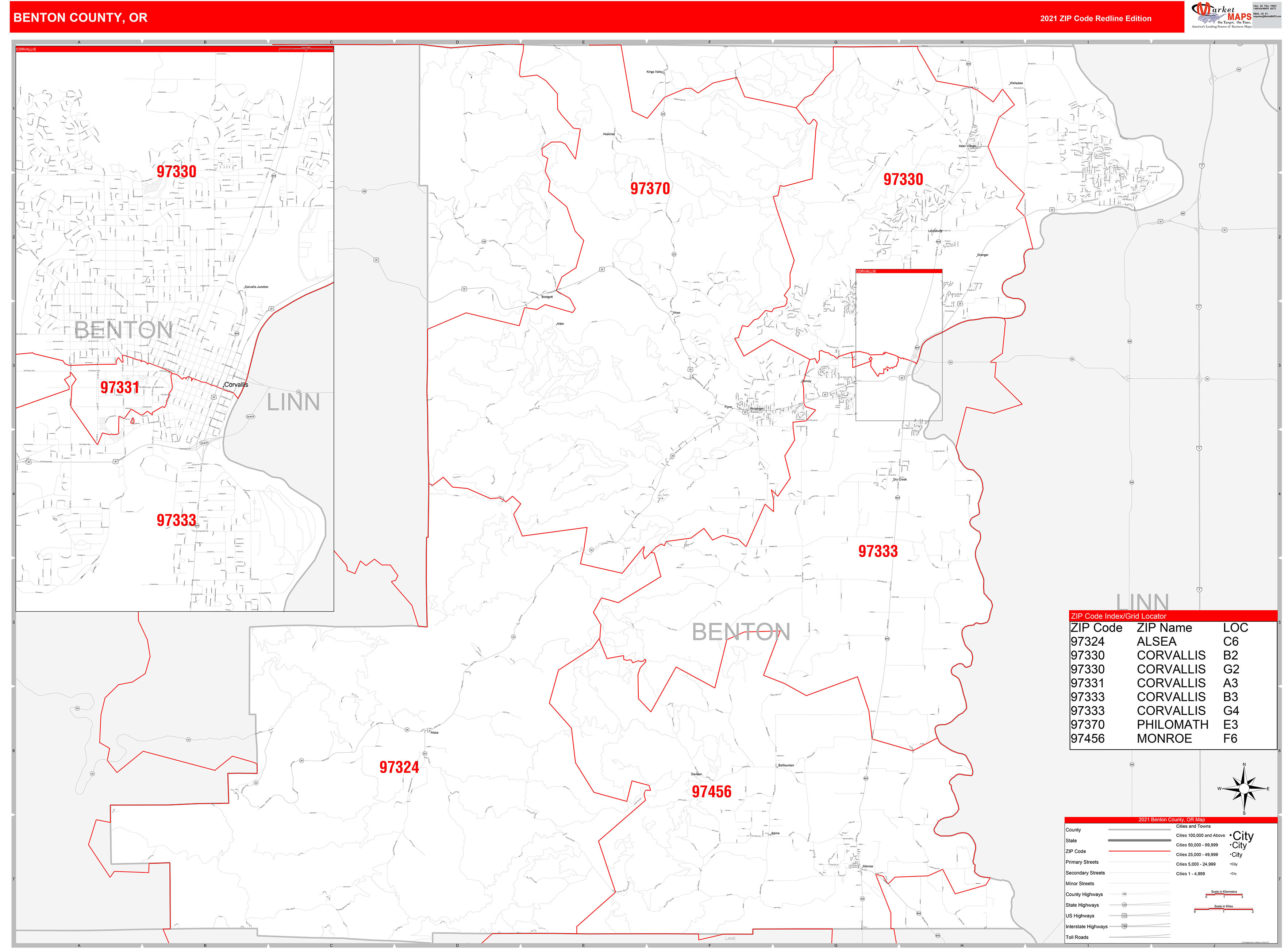 Benton County, OR Zip Code Wall Map Red Line Style by MarketMAPS