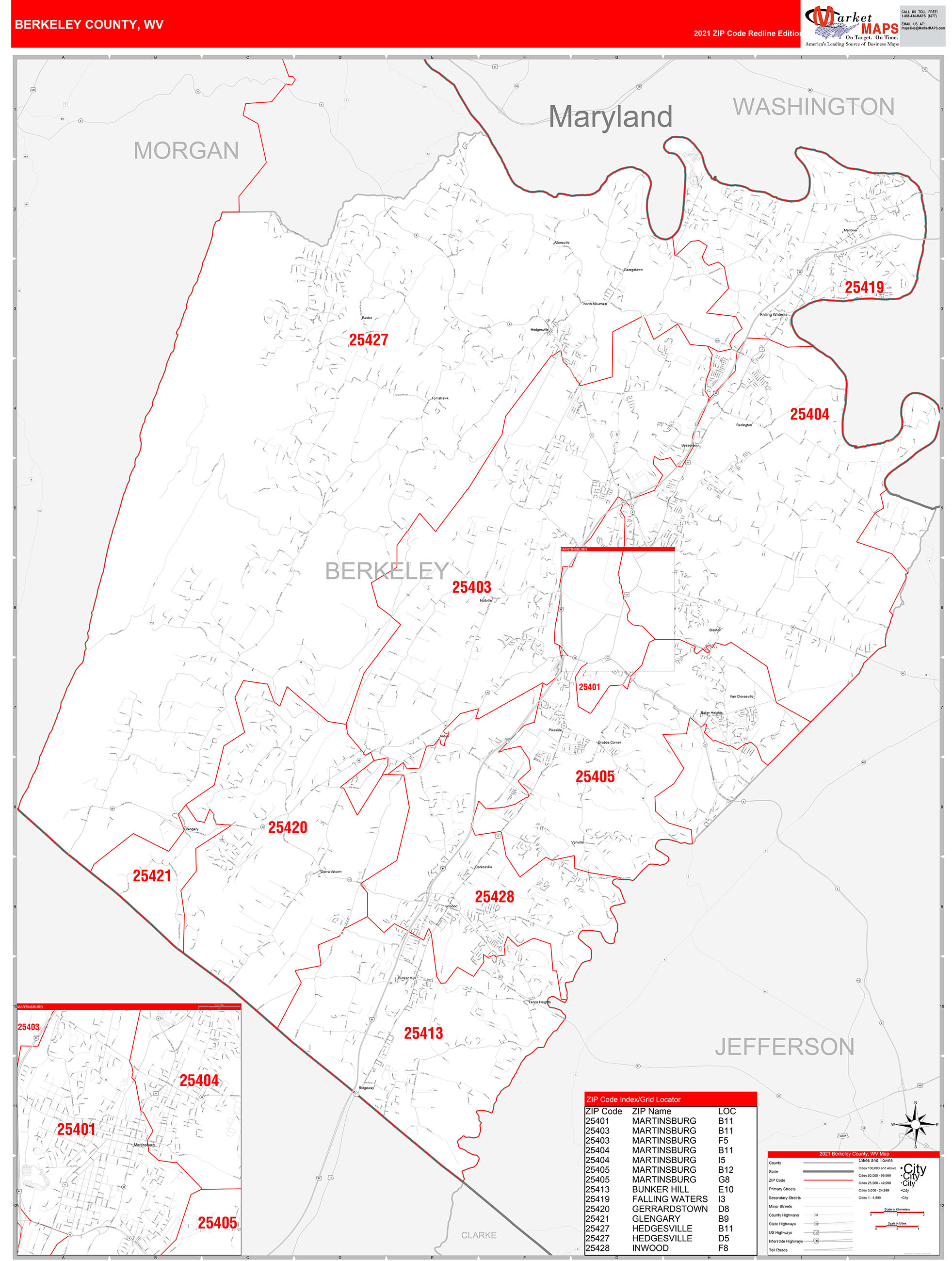 Berkeley County, WV Zip Code Wall Map Red Line Style by MarketMAPS