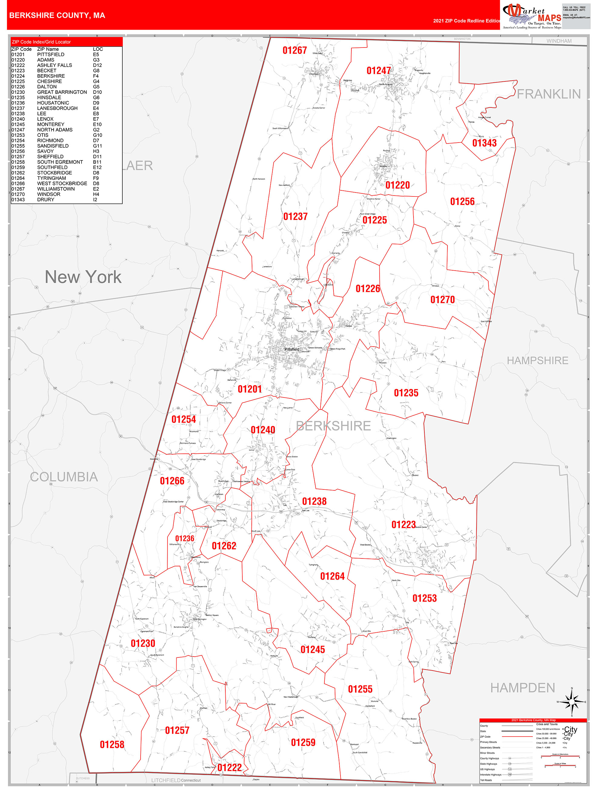 Berkshire County Ma Zip Code Wall Map Red Line Style By Marketmaps