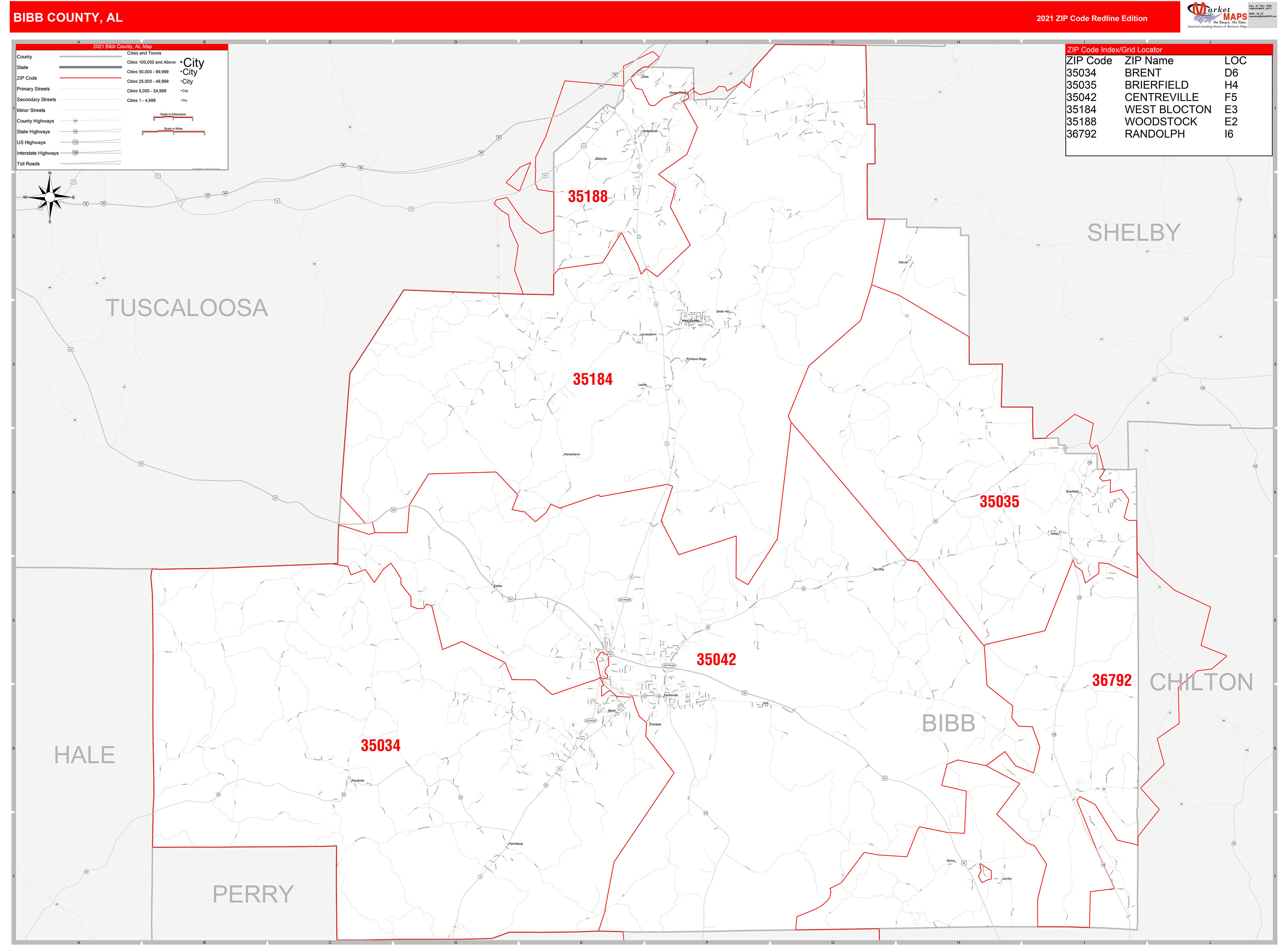 Bibb County, AL Zip Code Wall Map Red Line Style by MarketMAPS MapSales