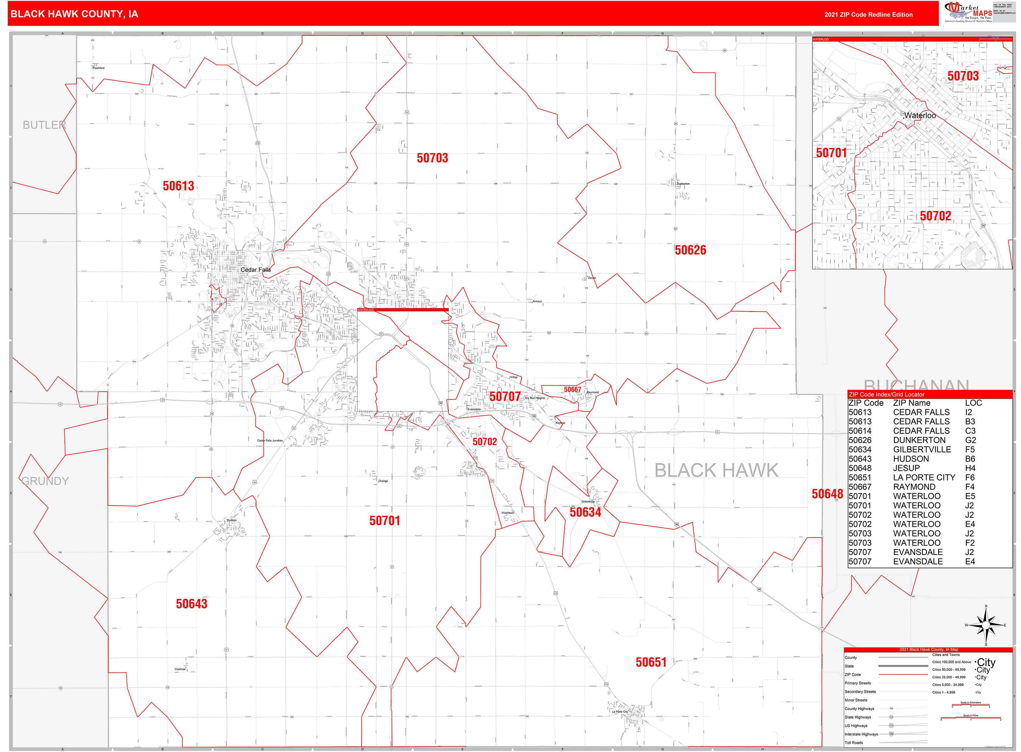 Black Hawk County, IA Zip Code Wall Map Red Line Style by MarketMAPS