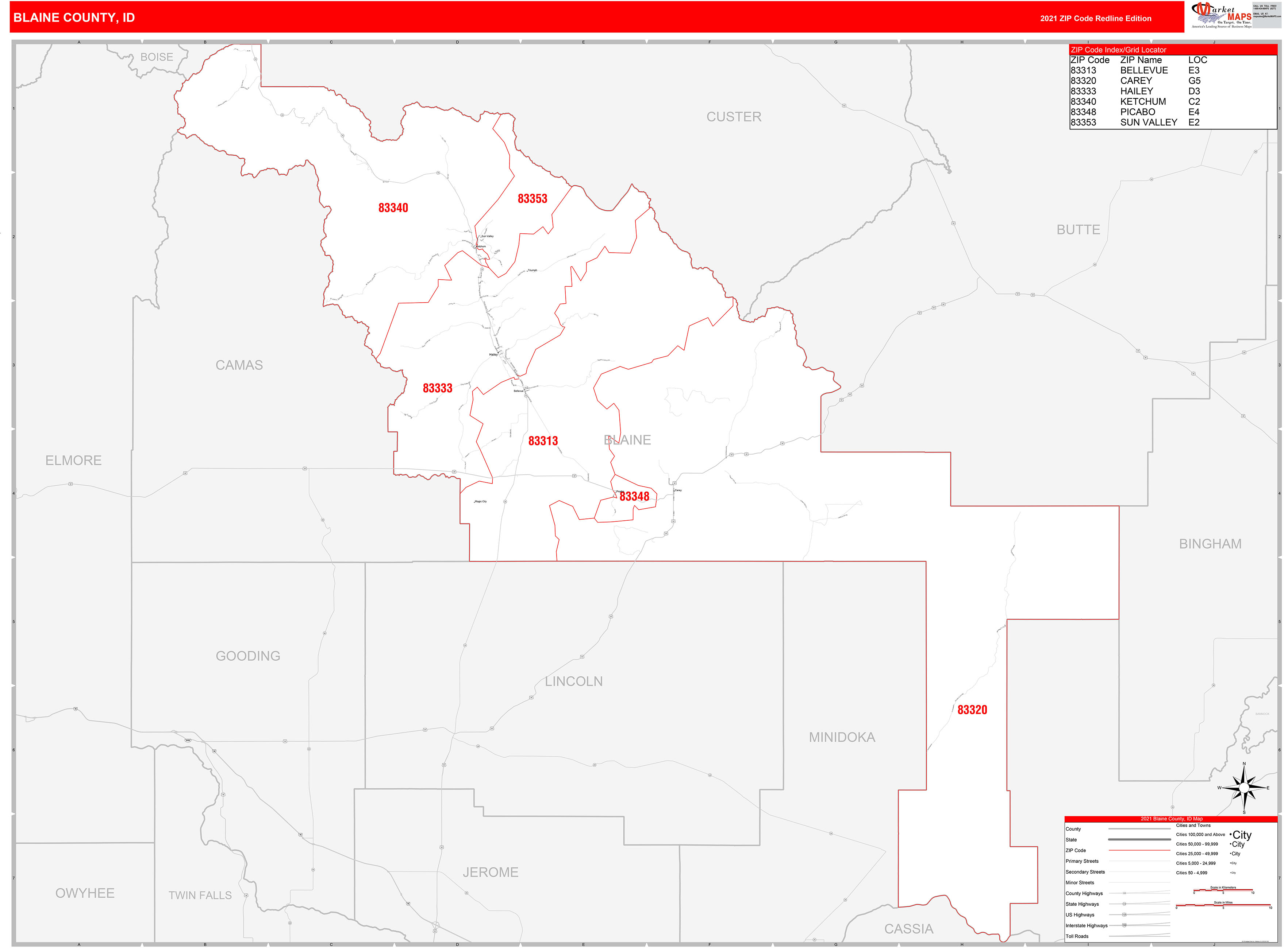 Blaine County, ID Zip Code Wall Map Red Line Style by MarketMAPS MapSales
