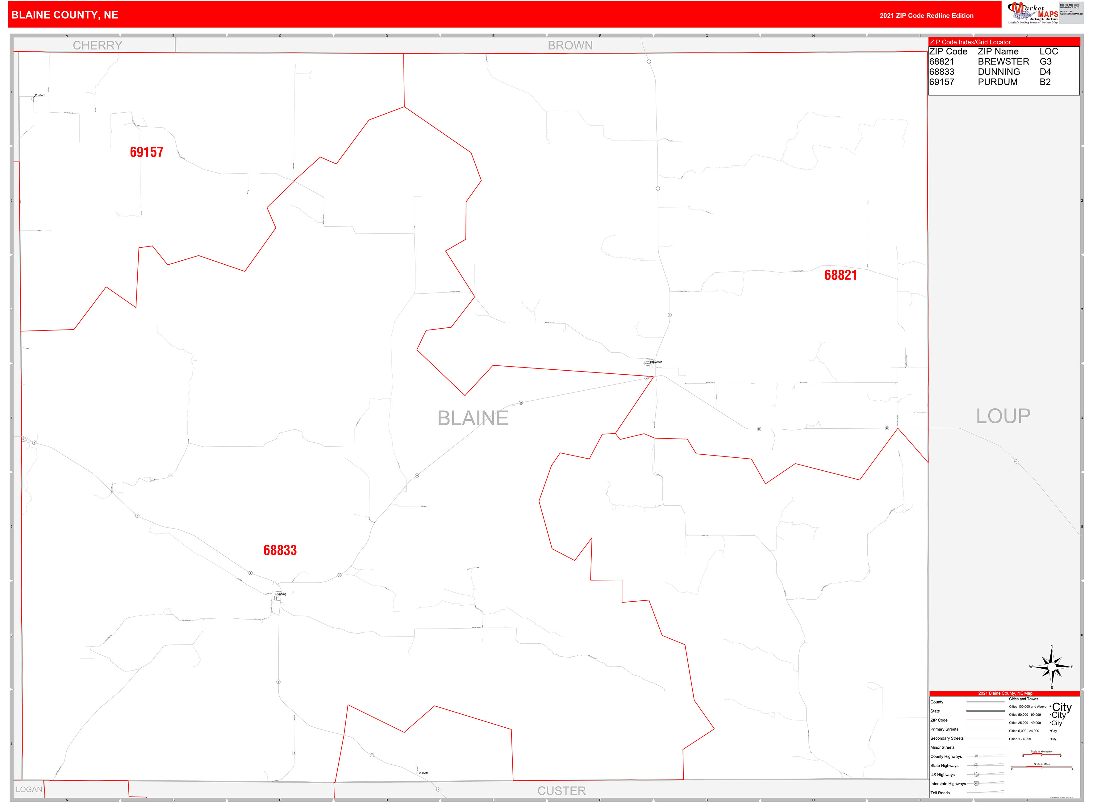 Blaine County, NE Zip Code Wall Map Red Line Style by MarketMAPS