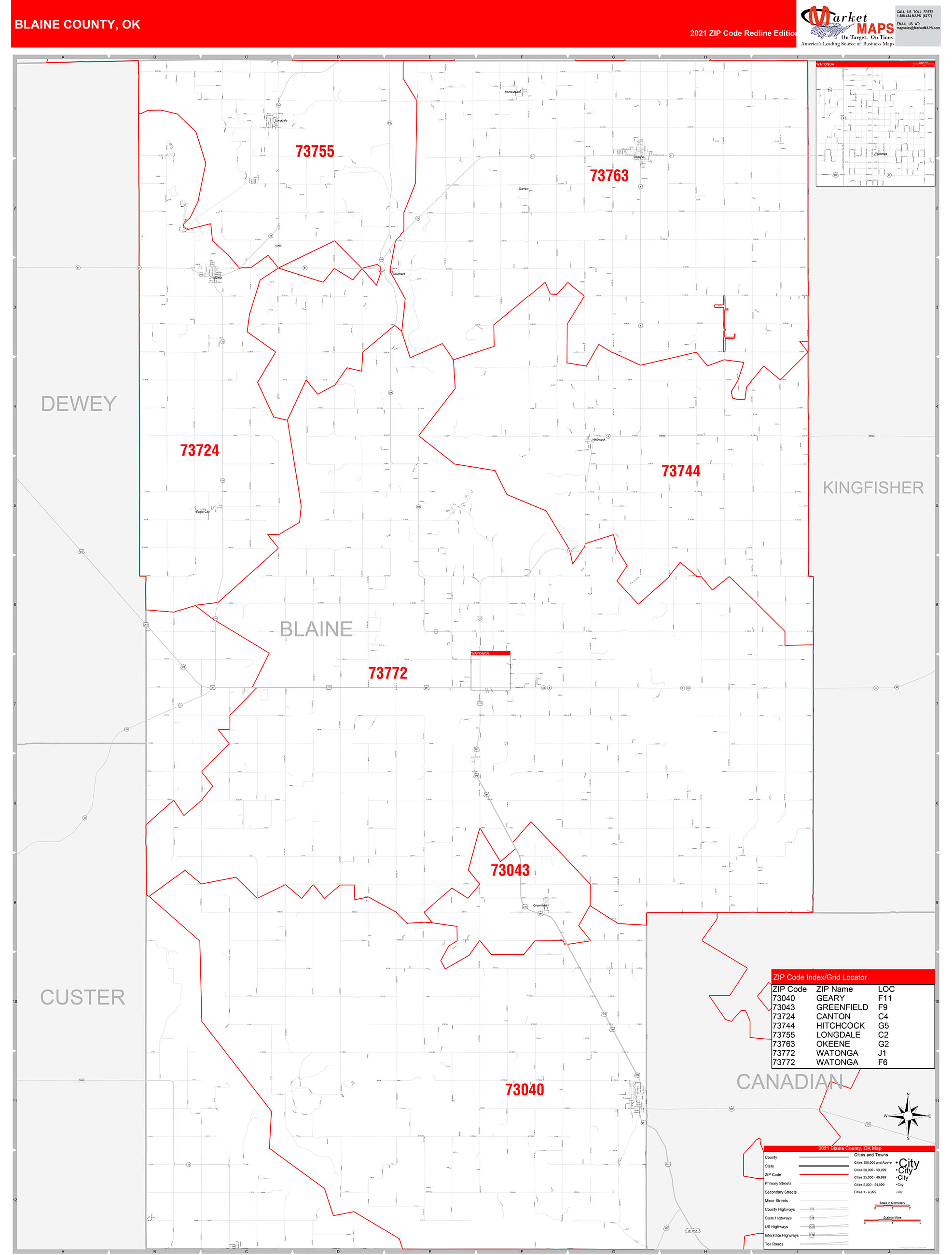 Blaine County, OK Zip Code Wall Map Red Line Style by MarketMAPS