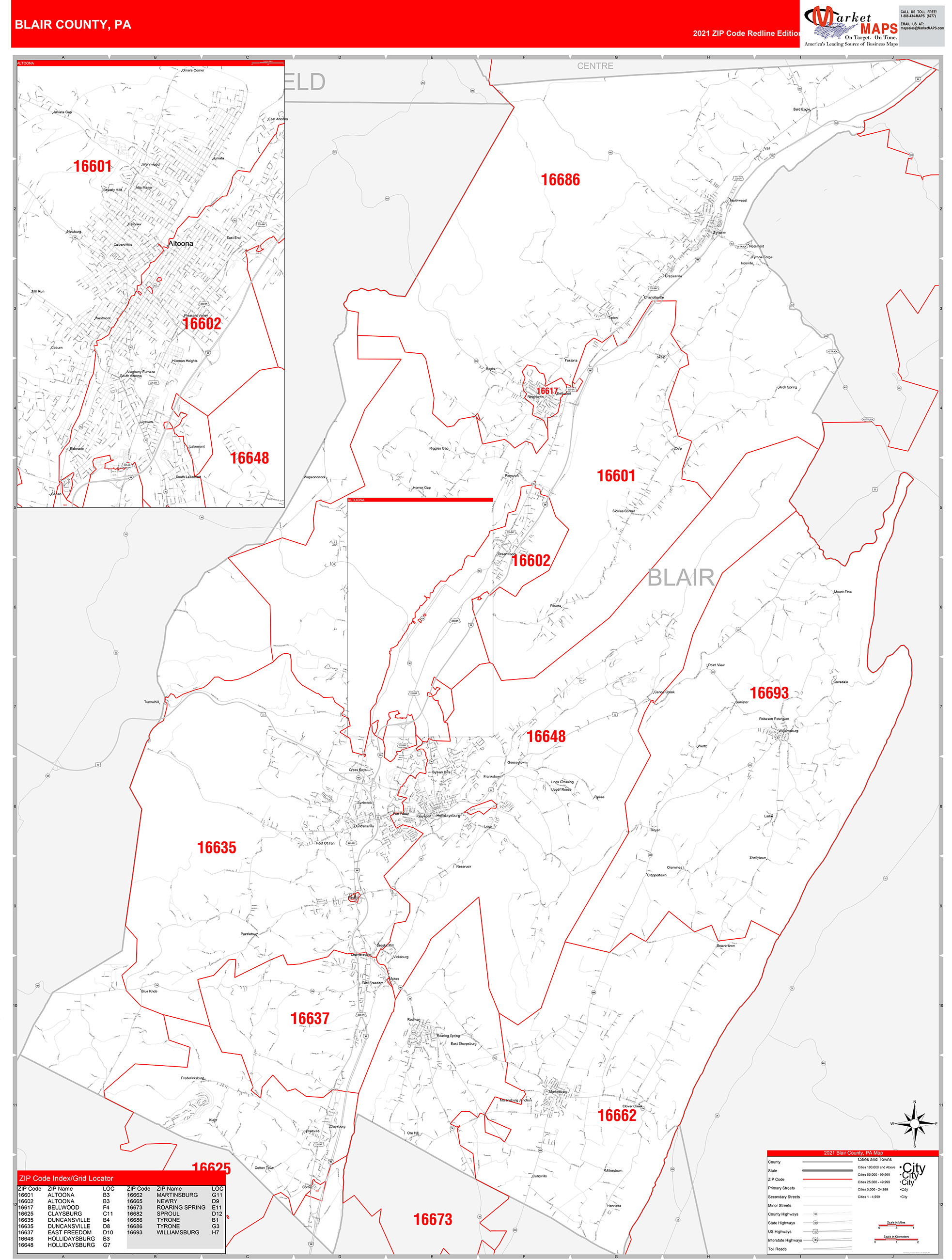 Blair County, PA Zip Code Wall Map Red Line Style by MarketMAPS MapSales