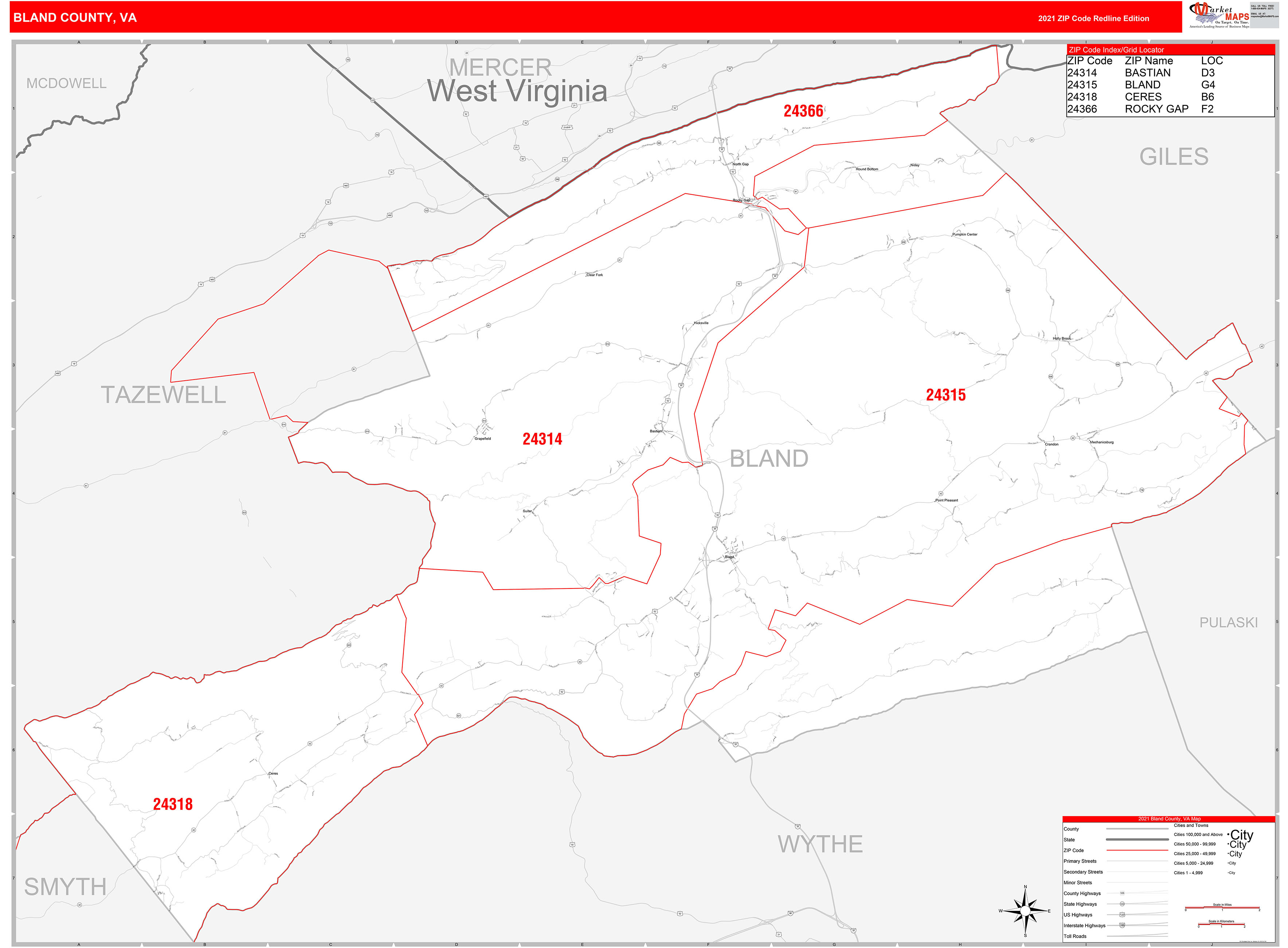 Bland County, VA Zip Code Wall Map Red Line Style by MarketMAPS