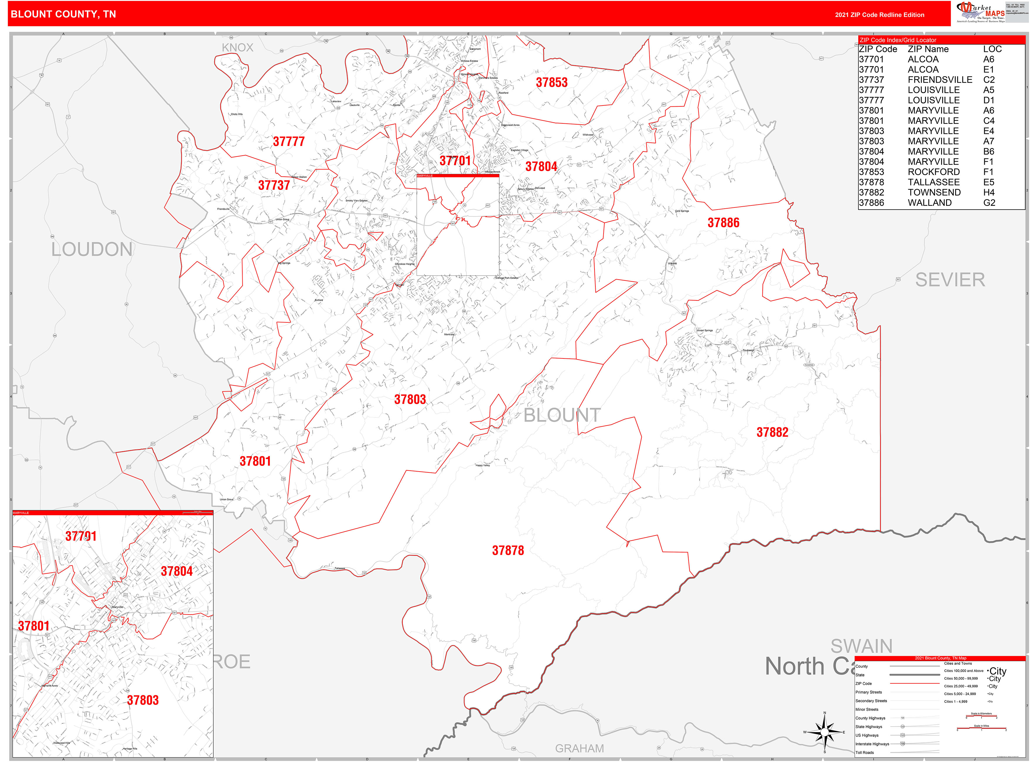 Blount County Tn Zip Code Wall Map Red Line Style By Marketmaps