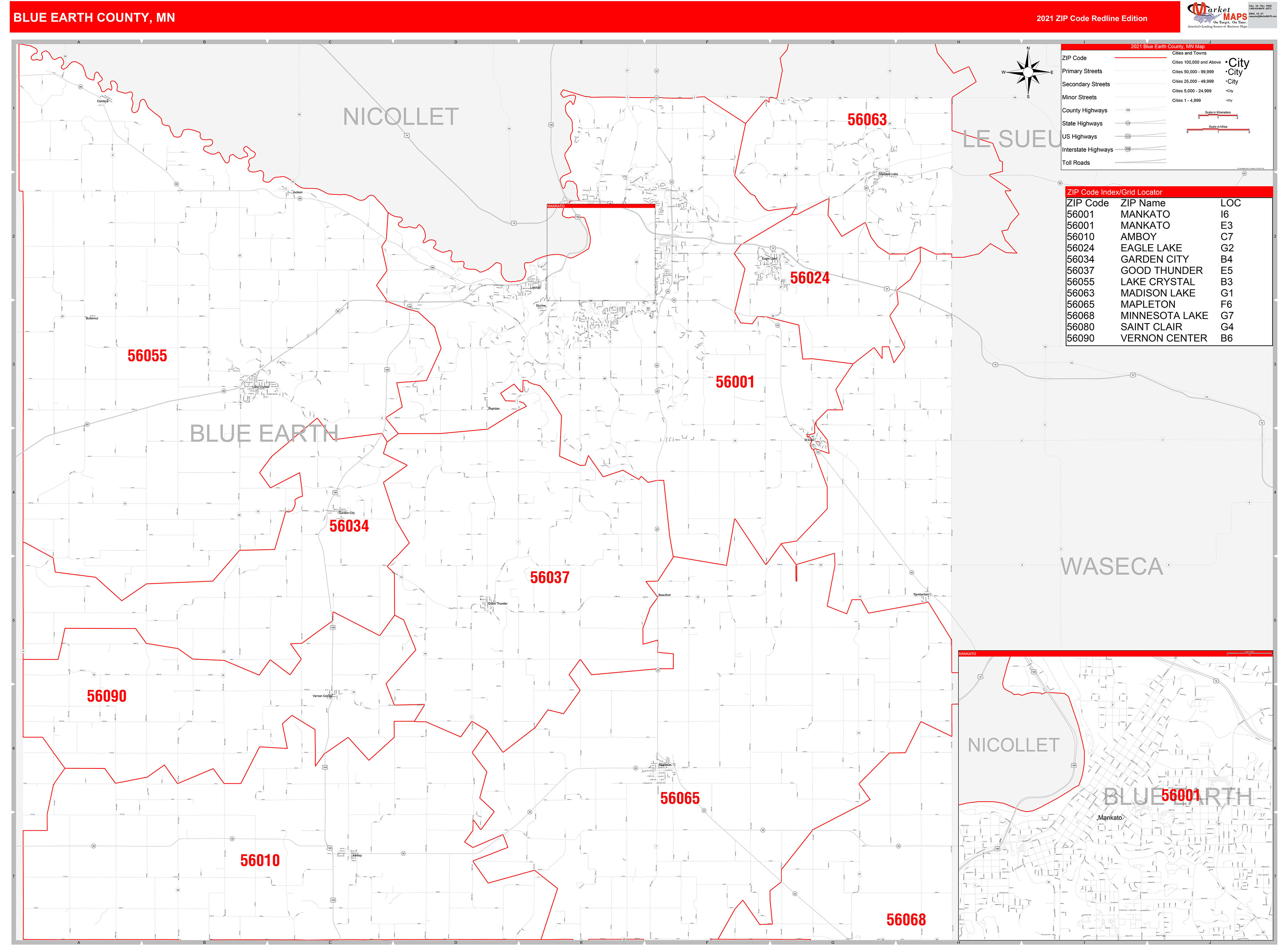 Blue Earth County, MN Zip Code Wall Map Red Line Style by MarketMAPS