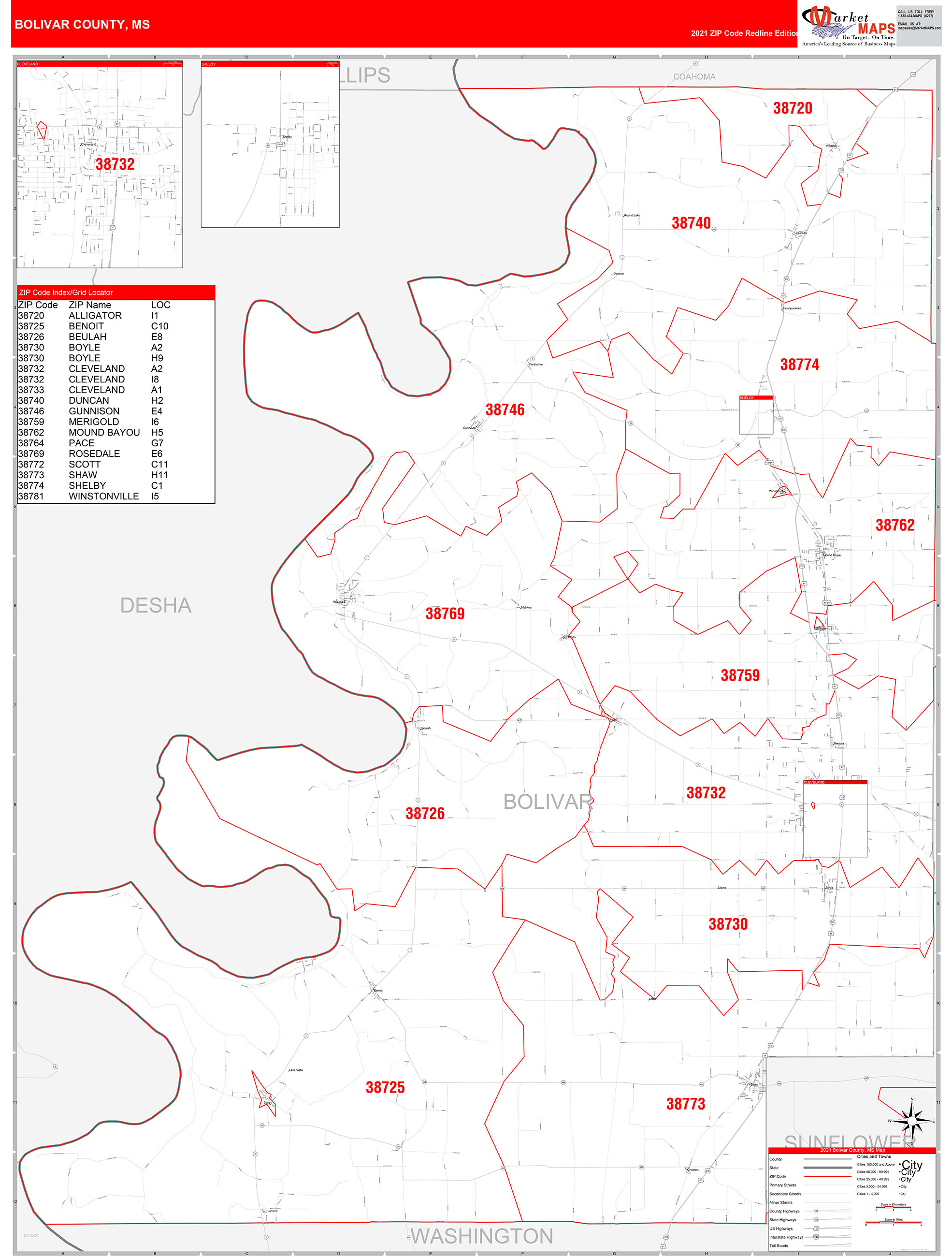 Bolivar County, MS Zip Code Wall Map Red Line Style by MarketMAPS