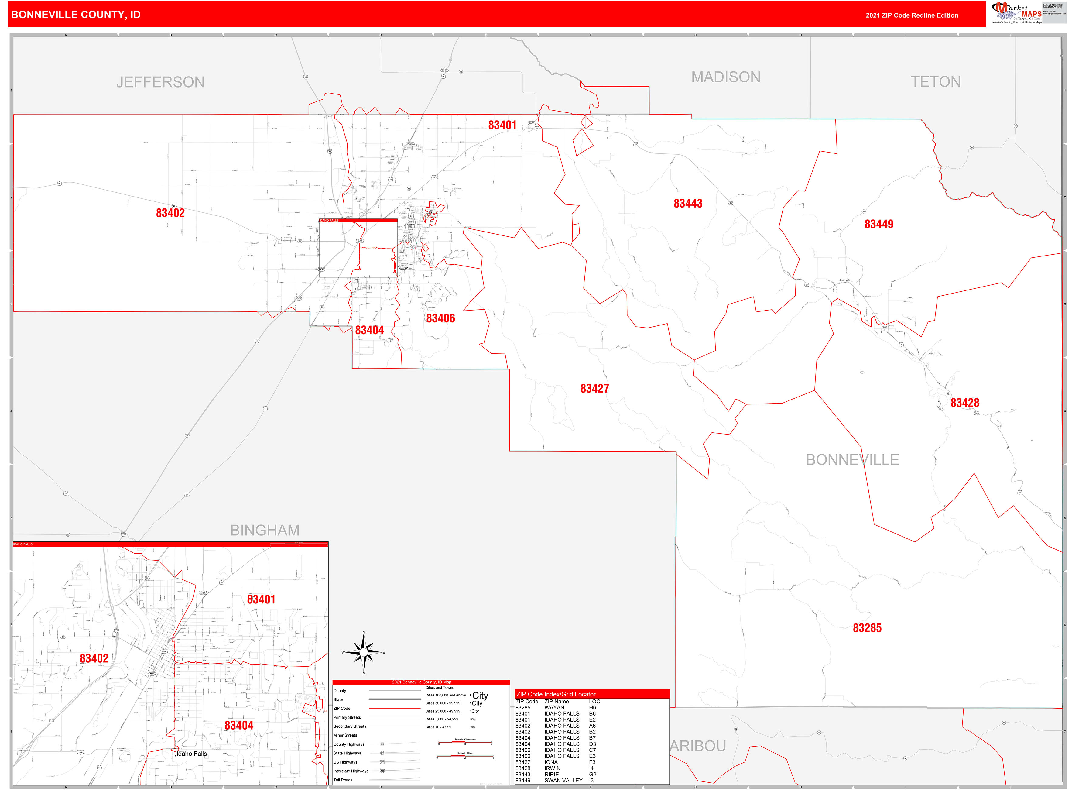 Bonneville County, ID Zip Code Wall Map Red Line Style by MarketMAPS