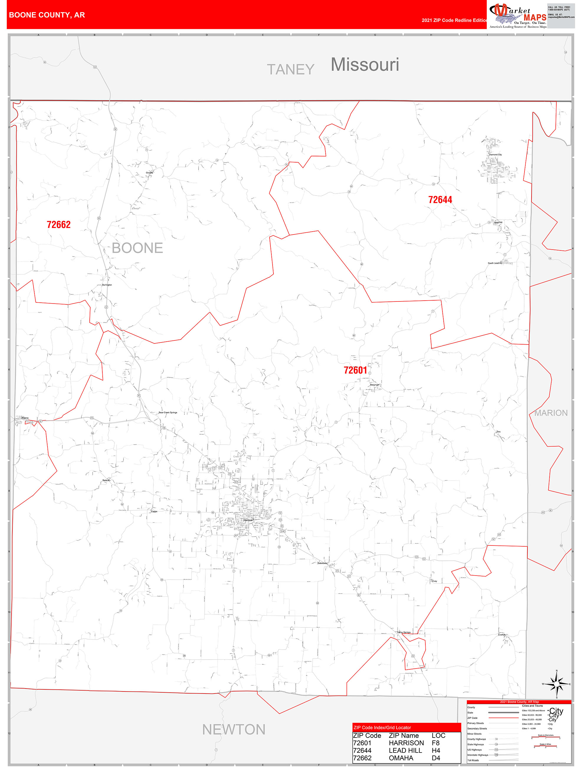 Boone County, AR Zip Code Wall Map Red Line Style by MarketMAPS MapSales