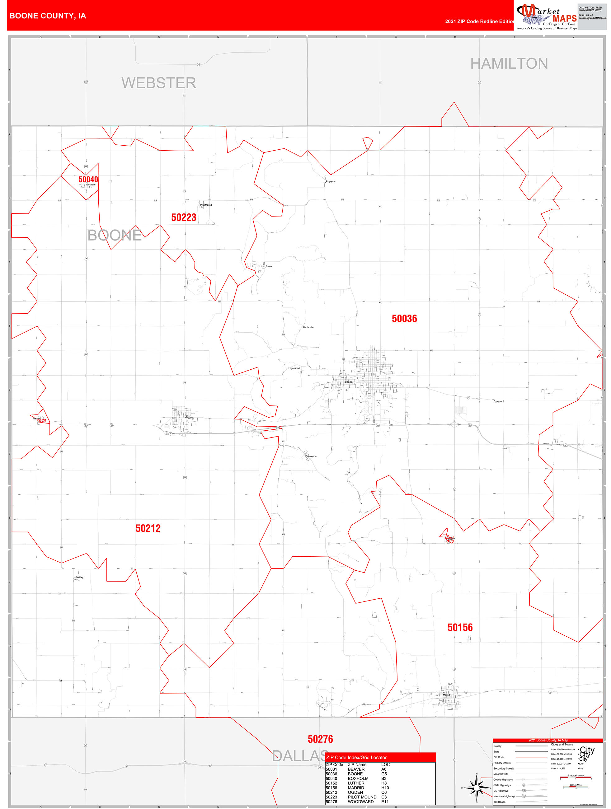 Boone County, IA Zip Code Wall Map Red Line Style by MarketMAPS