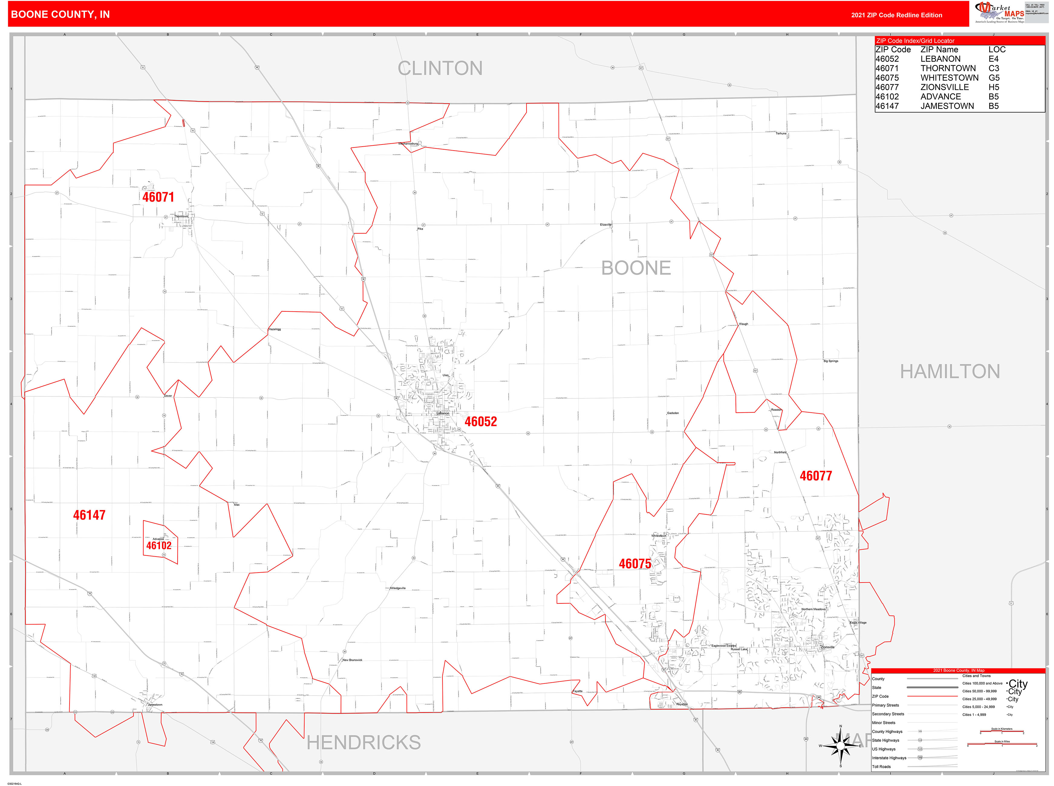 Boone County, IN Zip Code Wall Map Red Line Style by MarketMAPS MapSales