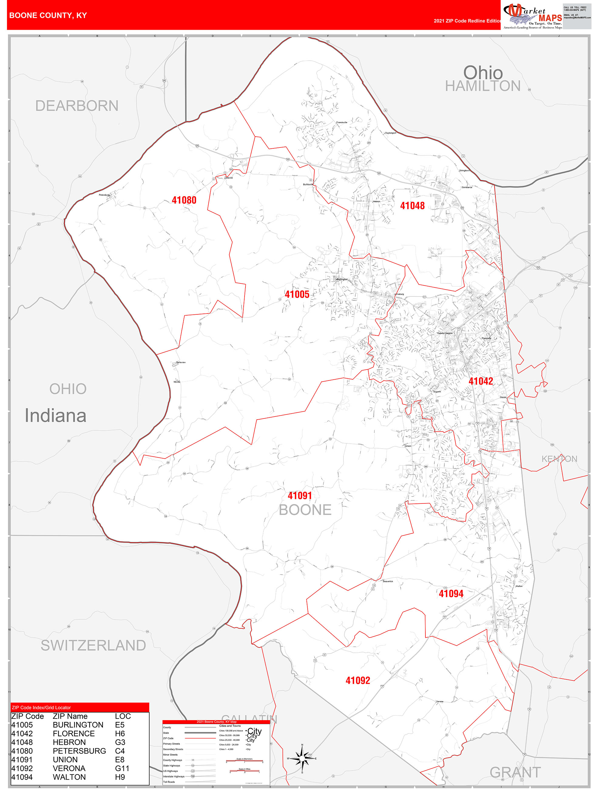 Boone County, KY Zip Code Wall Map Red Line Style by MarketMAPS MapSales