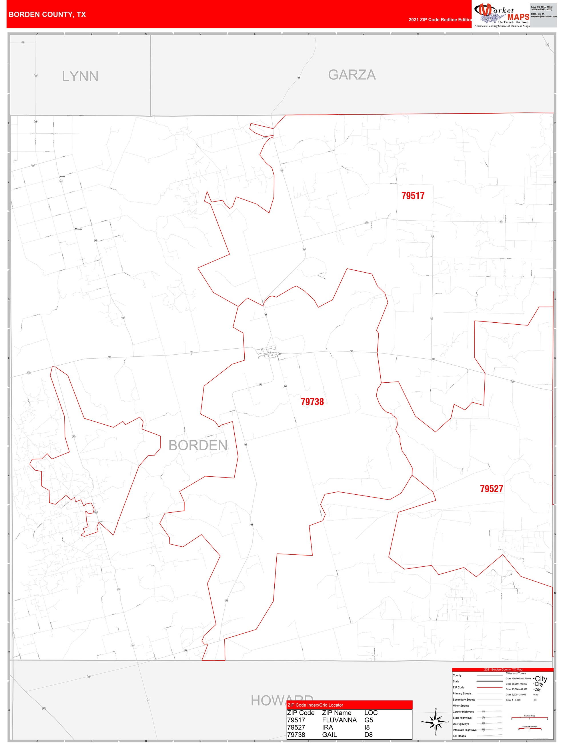 Borden County, TX Zip Code Wall Map Red Line Style by MarketMAPS