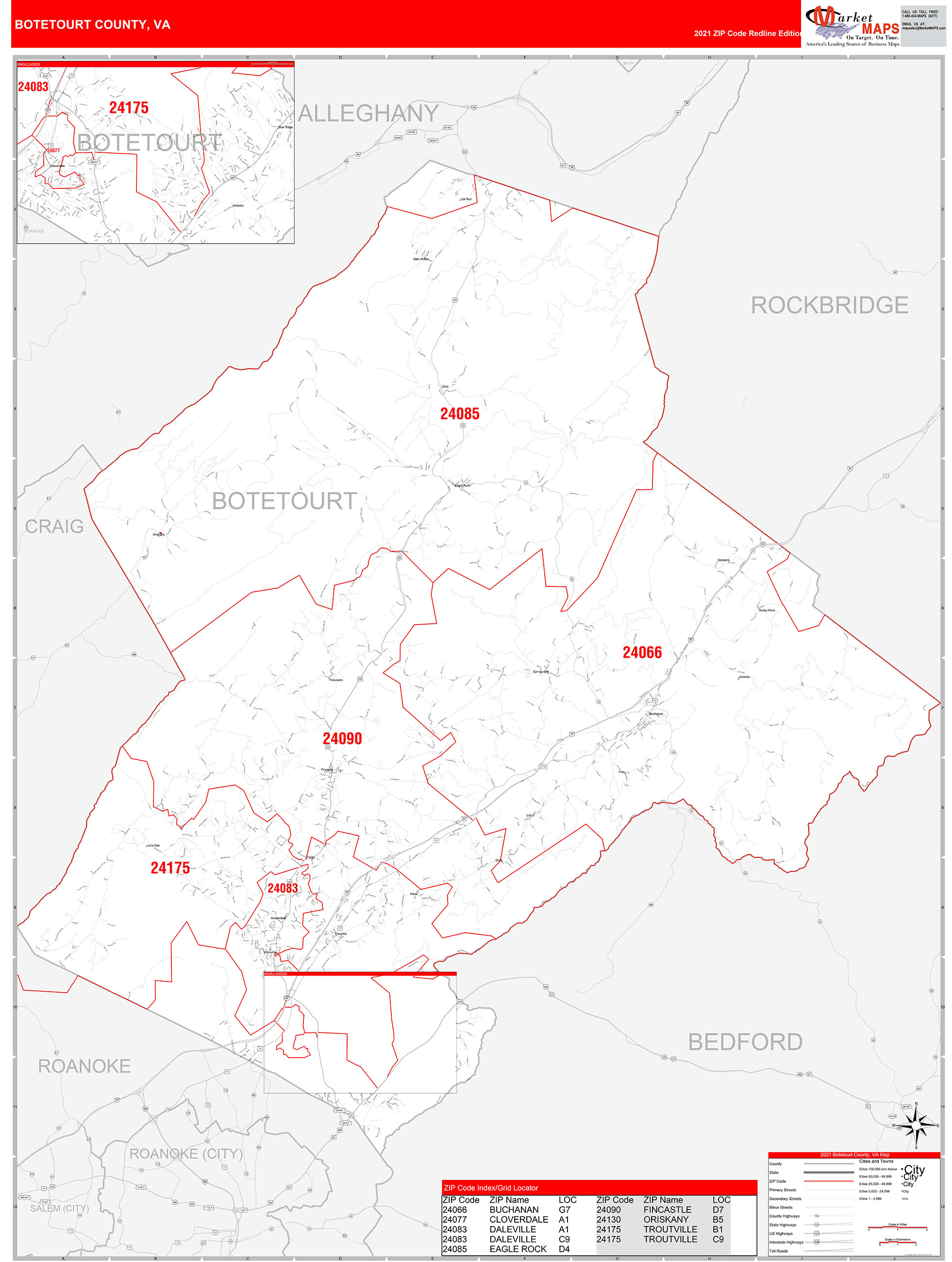 Botetourt County, VA Zip Code Wall Map Red Line Style by MarketMAPS