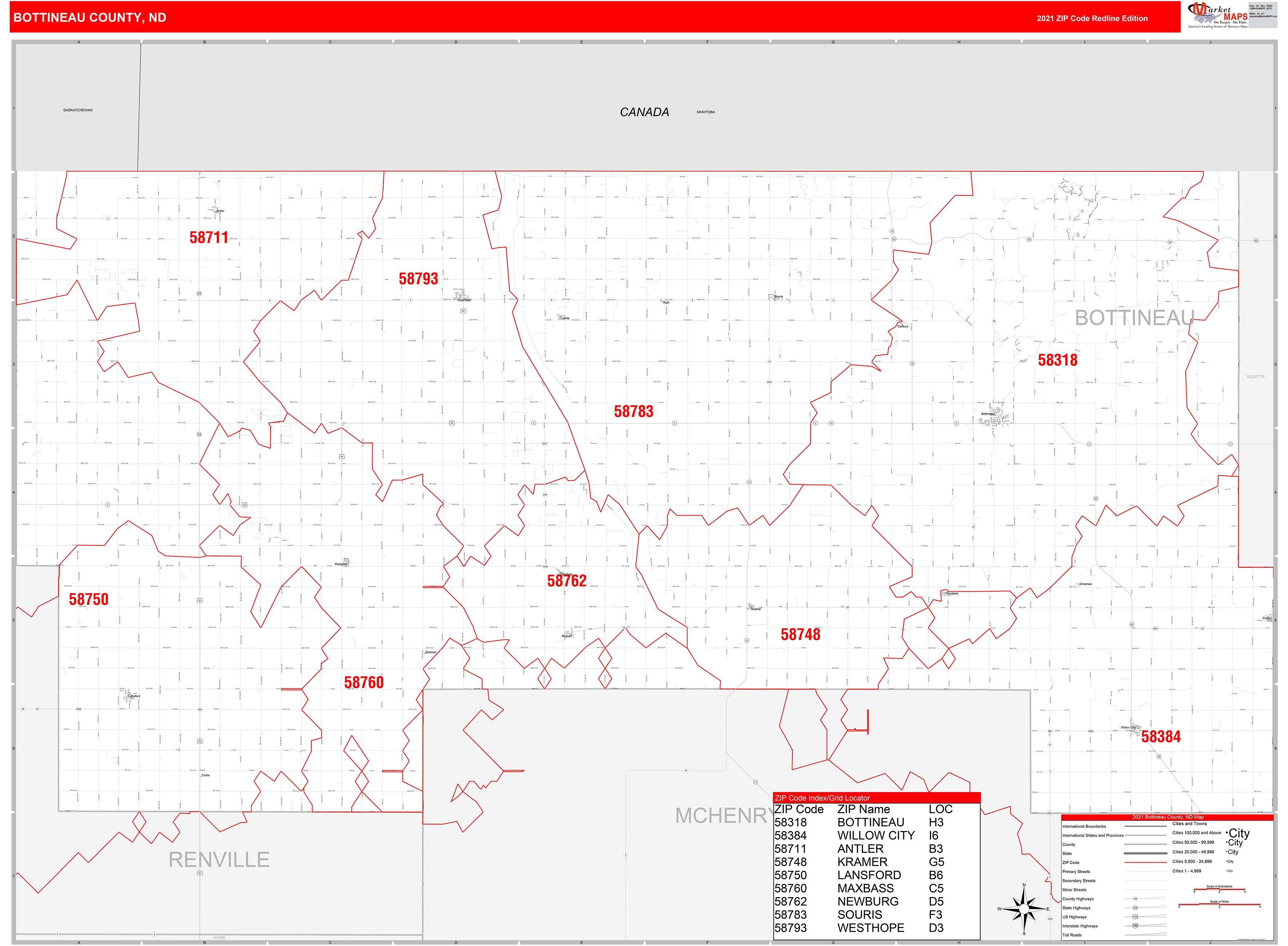 Bottineau County, ND Zip Code Wall Map Red Line Style by MarketMAPS