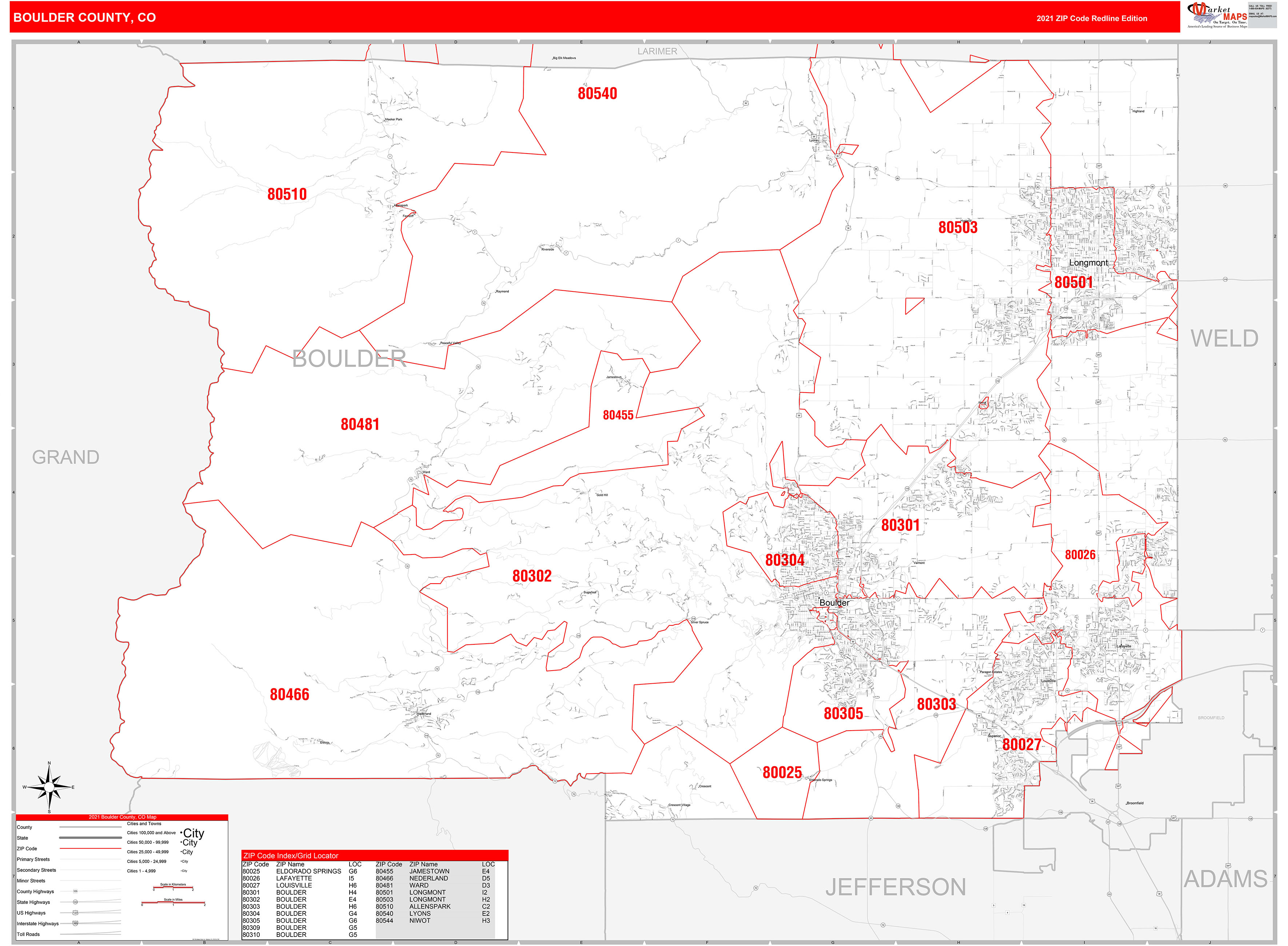 Boulder County, CO Zip Code Wall Map Red Line Style by MarketMAPS