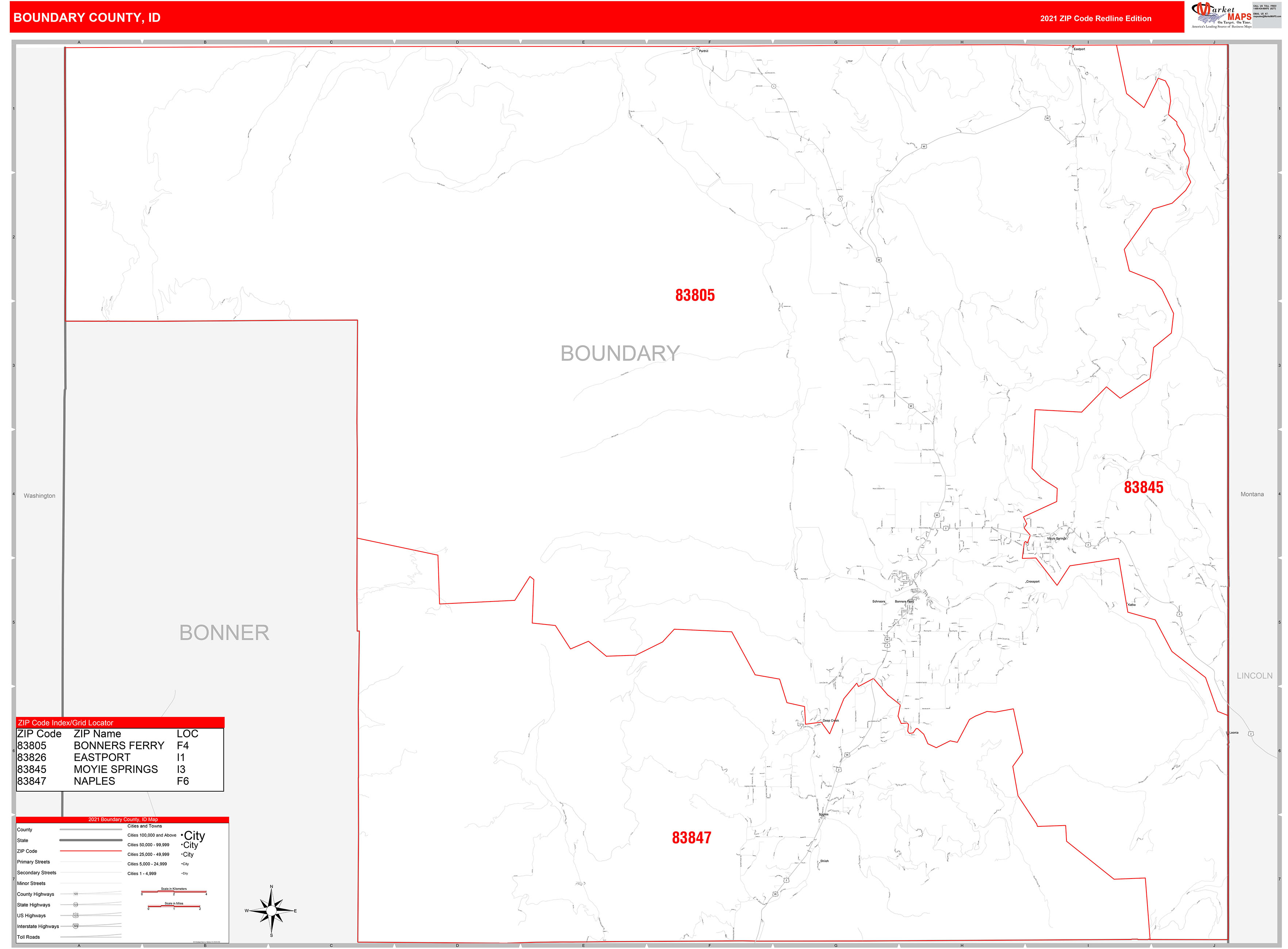 Boundary County, ID Zip Code Wall Map Red Line Style by MarketMAPS