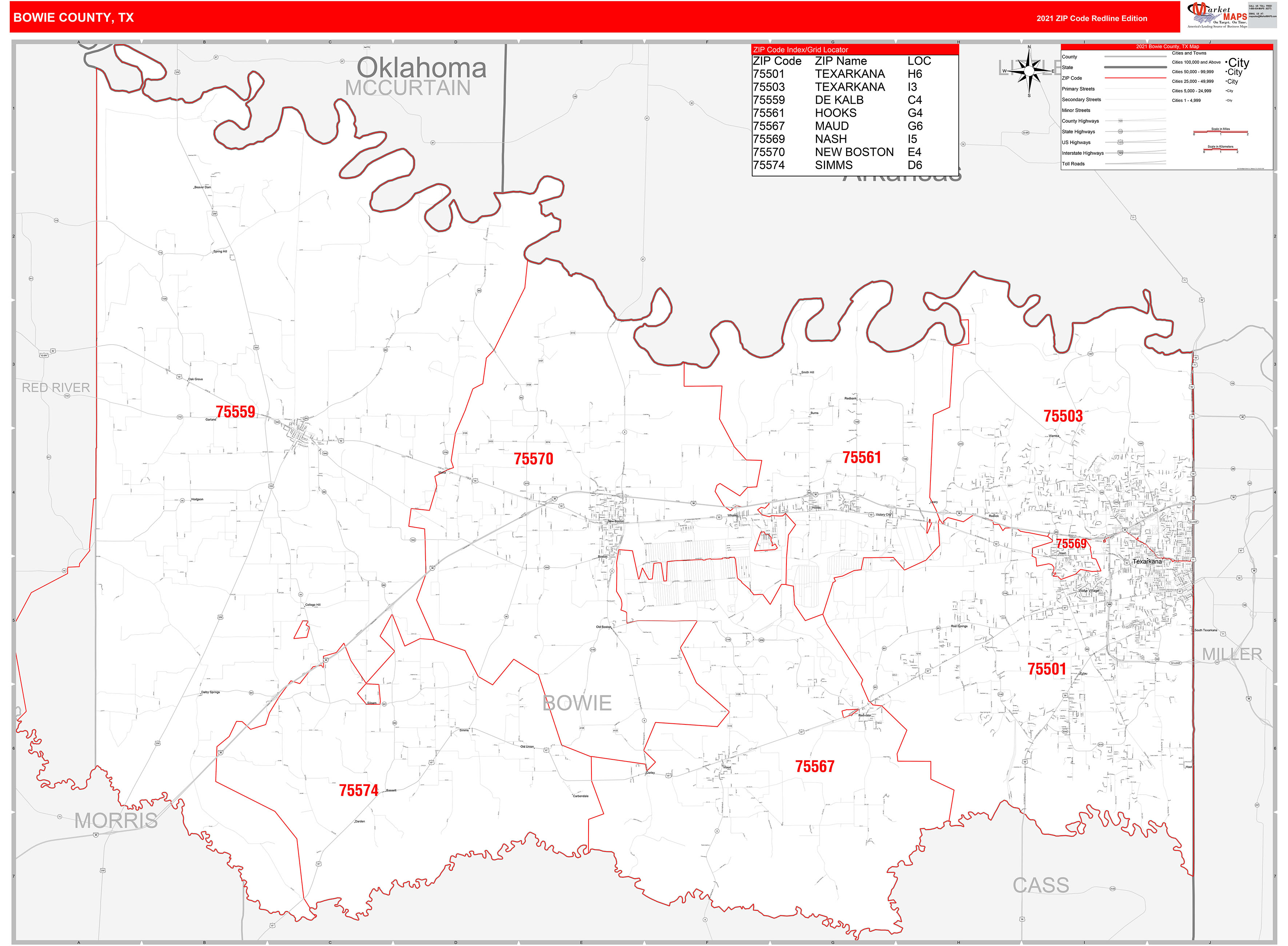 Bowie County, TX Zip Code Wall Map Red Line Style by MarketMAPS MapSales