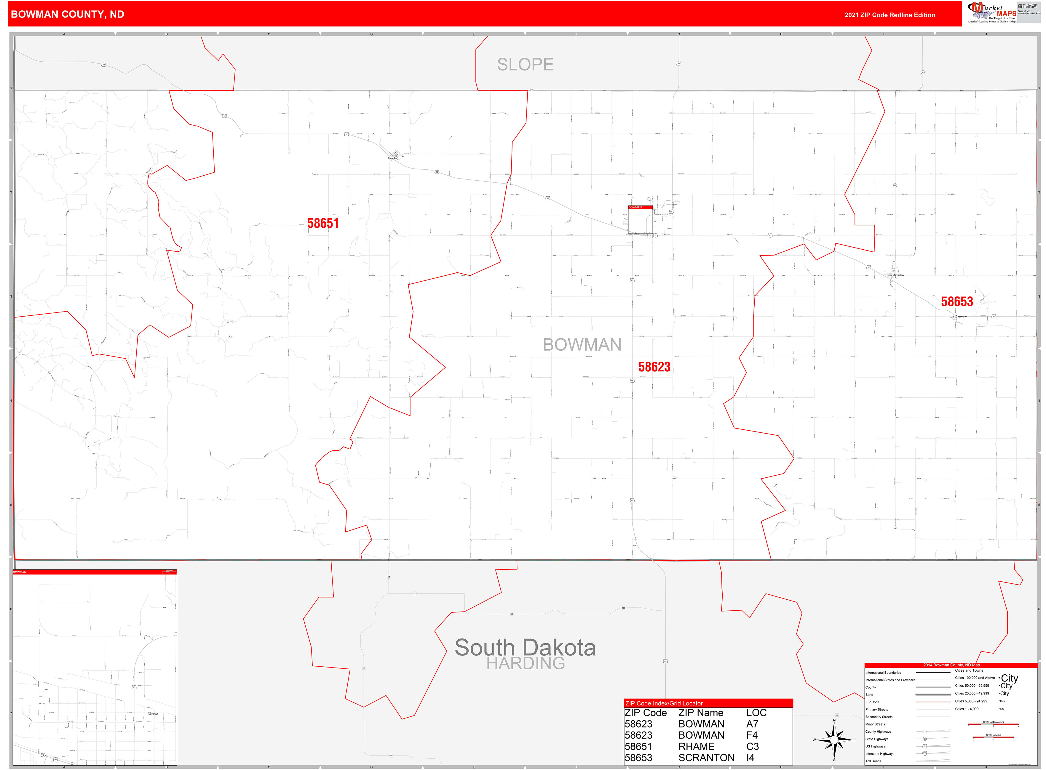 Bowman County, ND Zip Code Wall Map Red Line Style by MarketMAPS