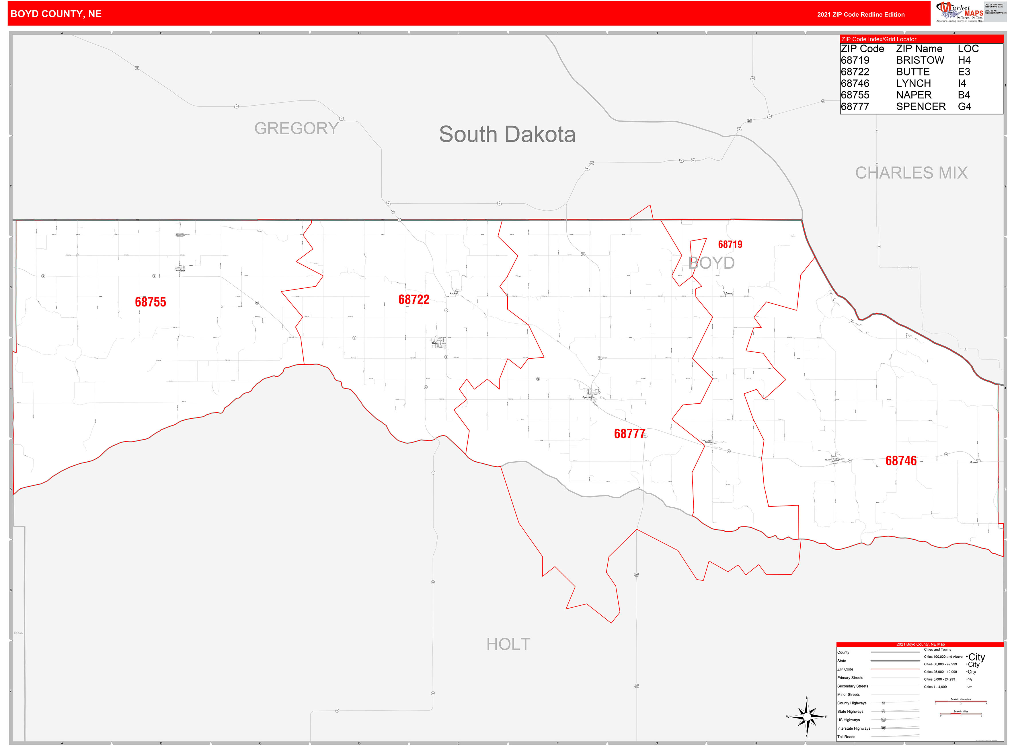 Boyd County, NE Zip Code Wall Map Red Line Style by MarketMAPS MapSales