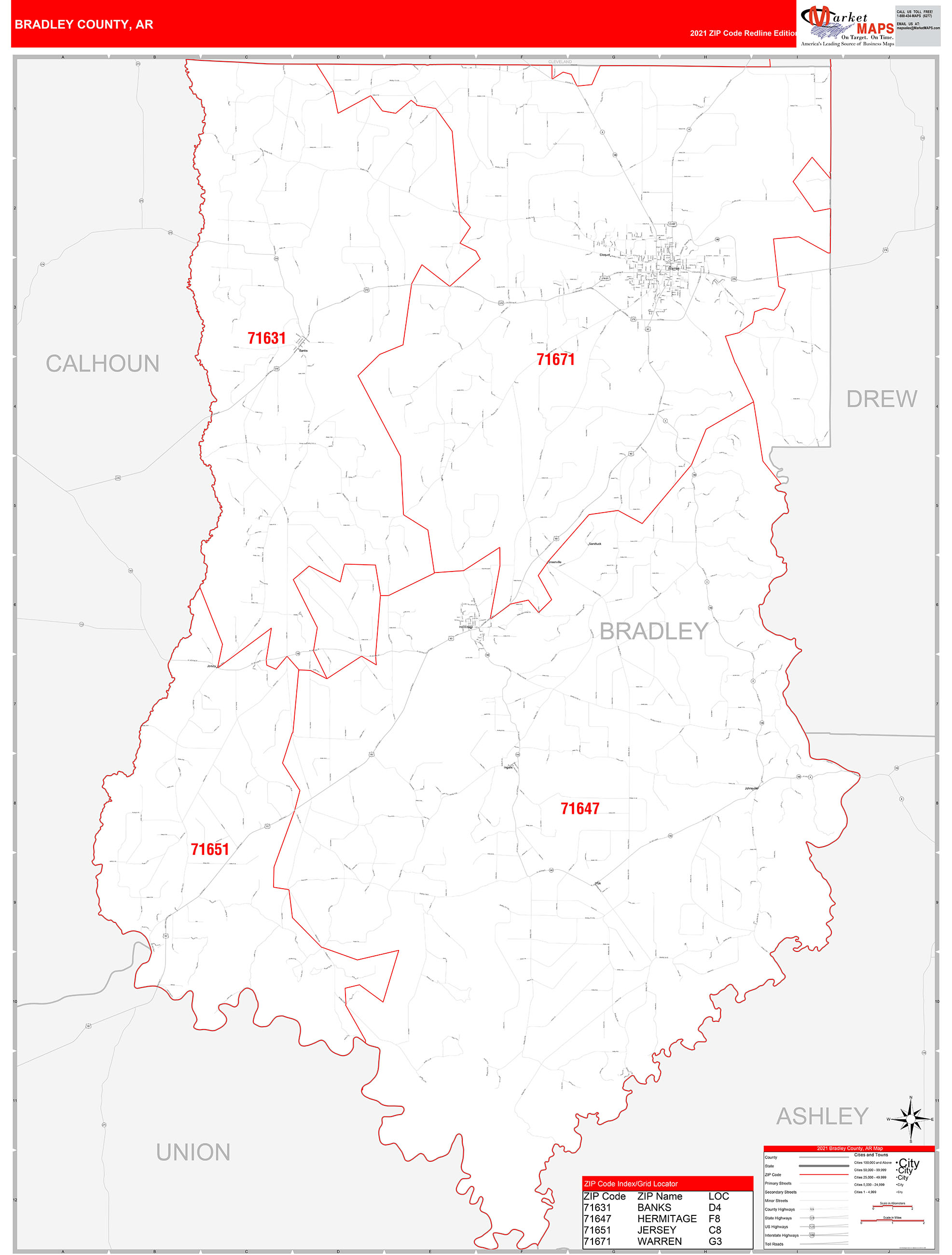 Bradley County, AR Zip Code Wall Map Red Line Style by MarketMAPS
