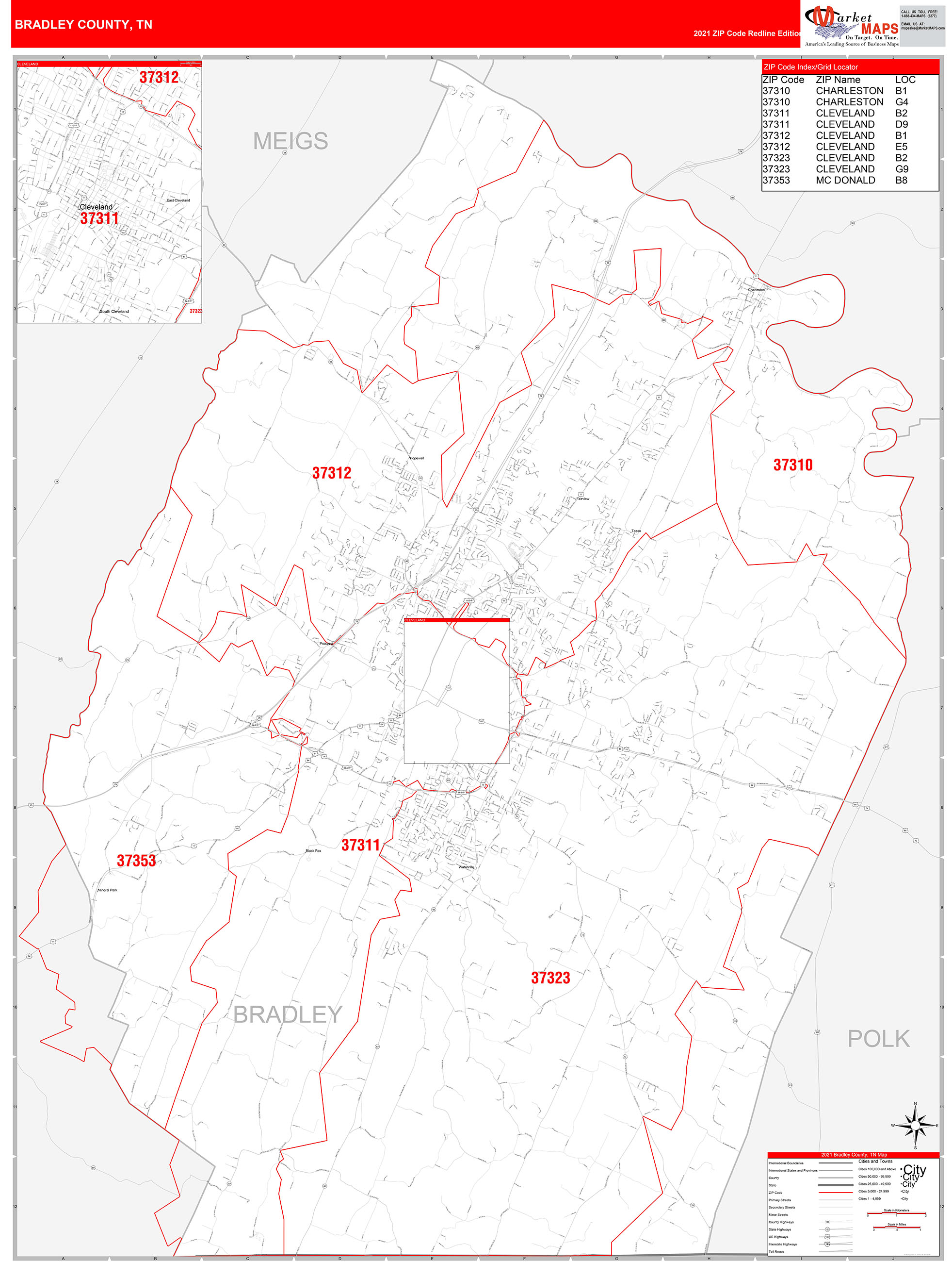 Bradley County, TN Zip Code Wall Map Red Line Style by MarketMAPS