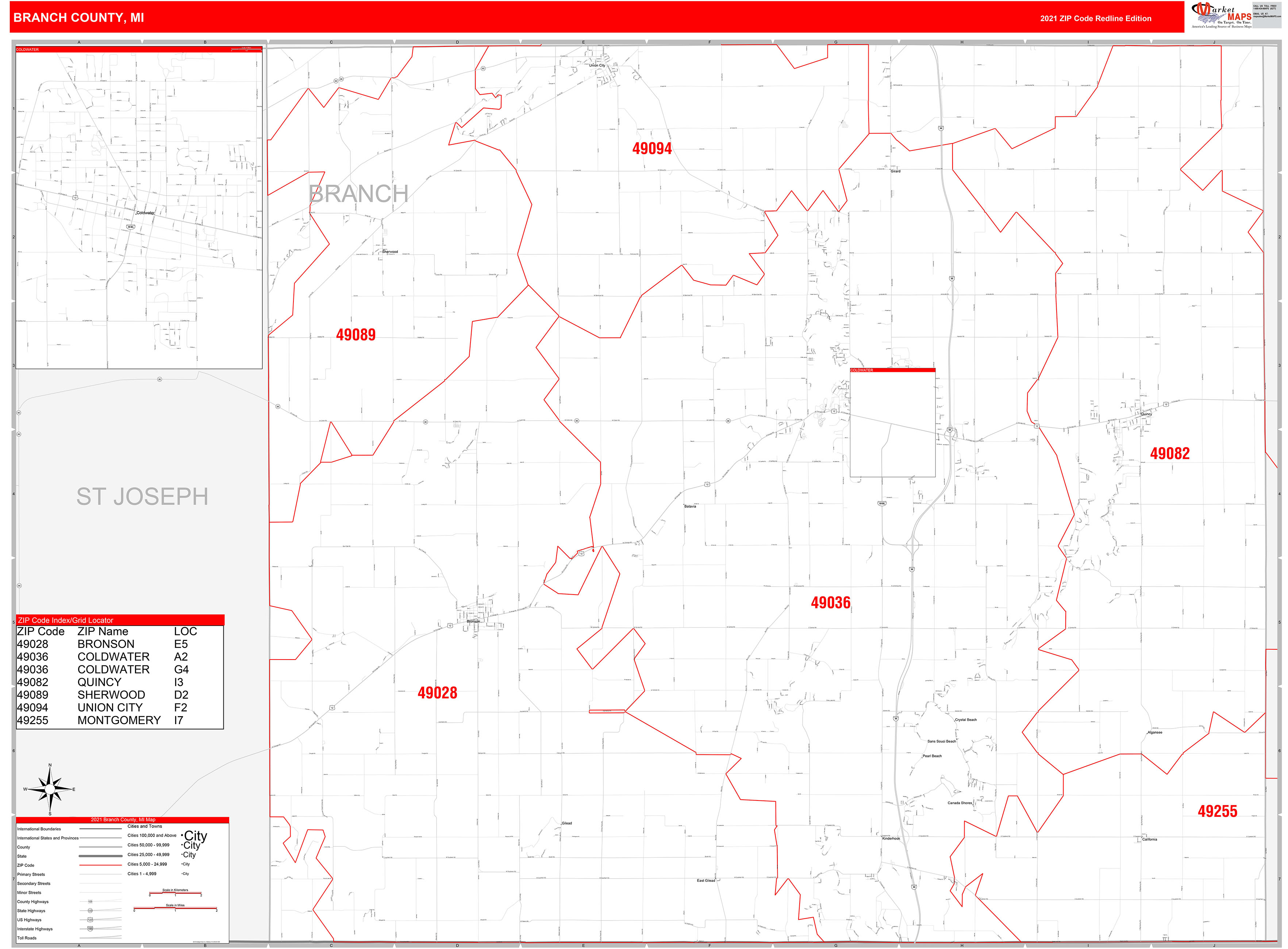 Branch County, MI Zip Code Wall Map Red Line Style by MarketMAPS MapSales