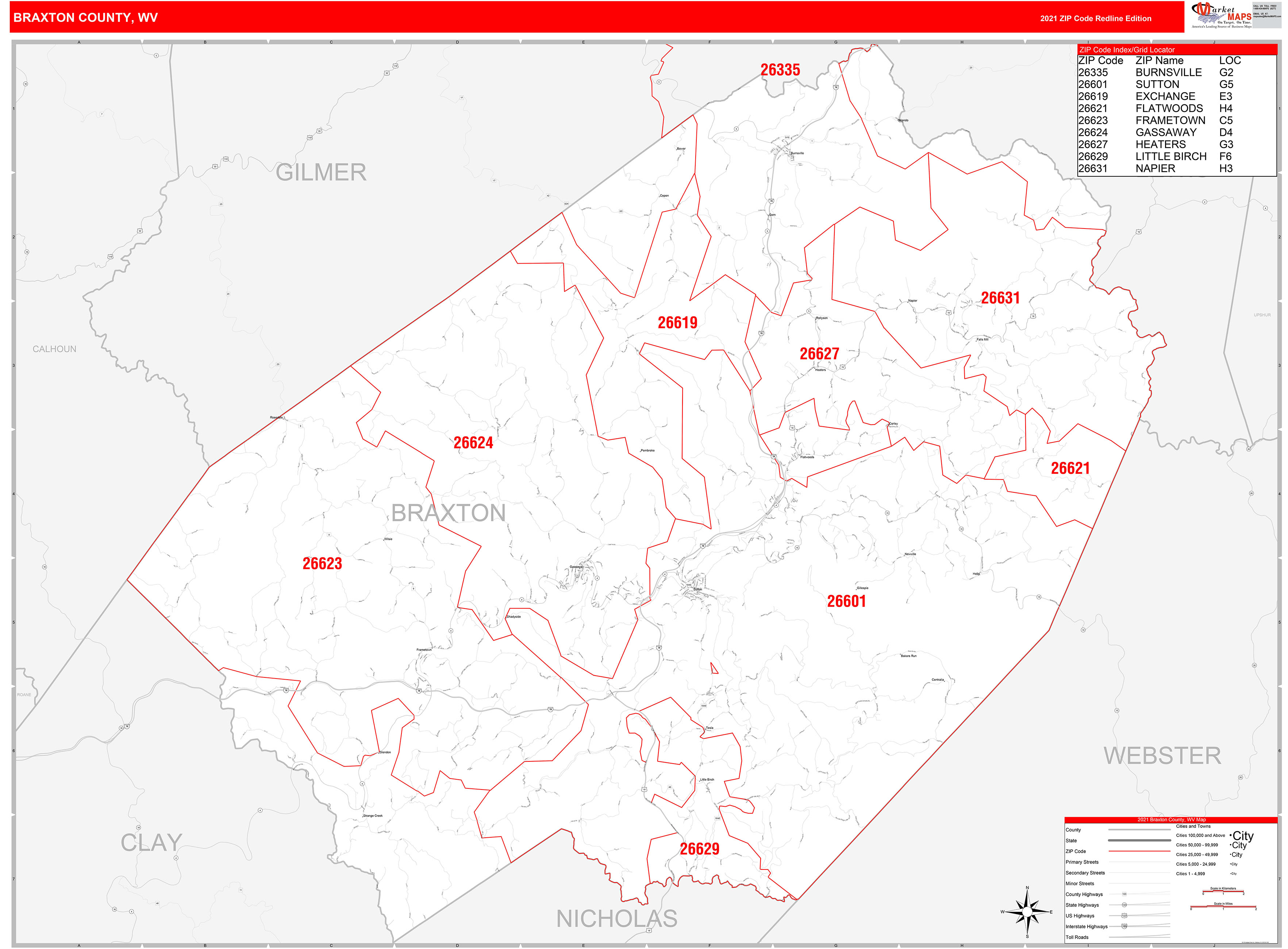 Braxton County, WV Zip Code Wall Map Red Line Style by MarketMAPS