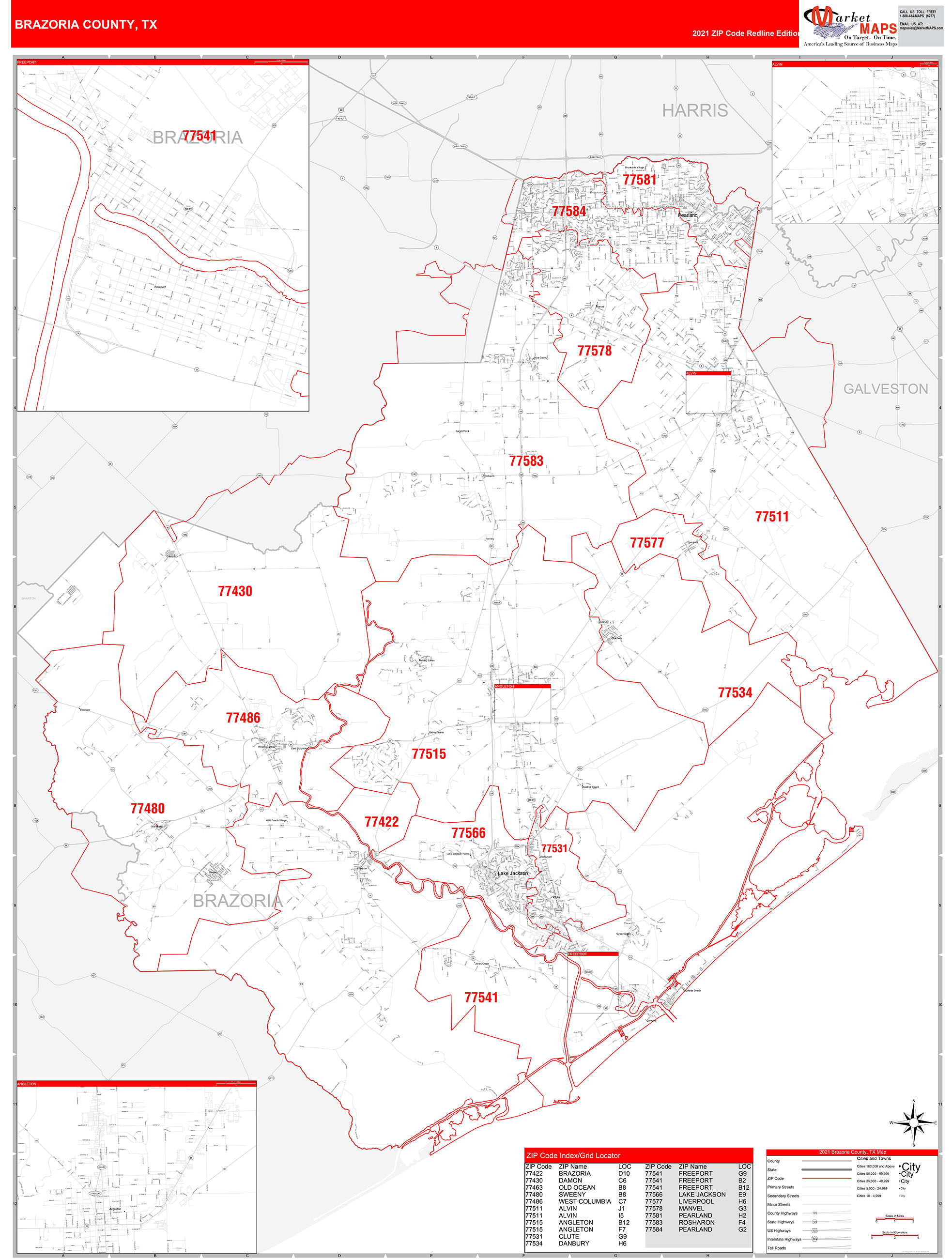 Brazoria County, TX Zip Code Wall Map Red Line Style by MarketMAPS