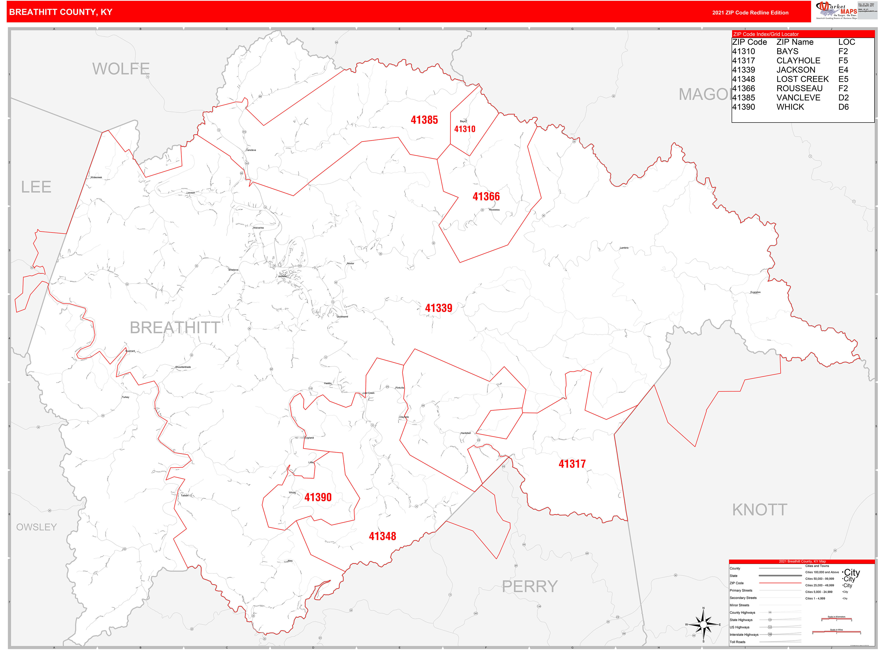 Breathitt County, KY Zip Code Wall Map Red Line Style by MarketMAPS