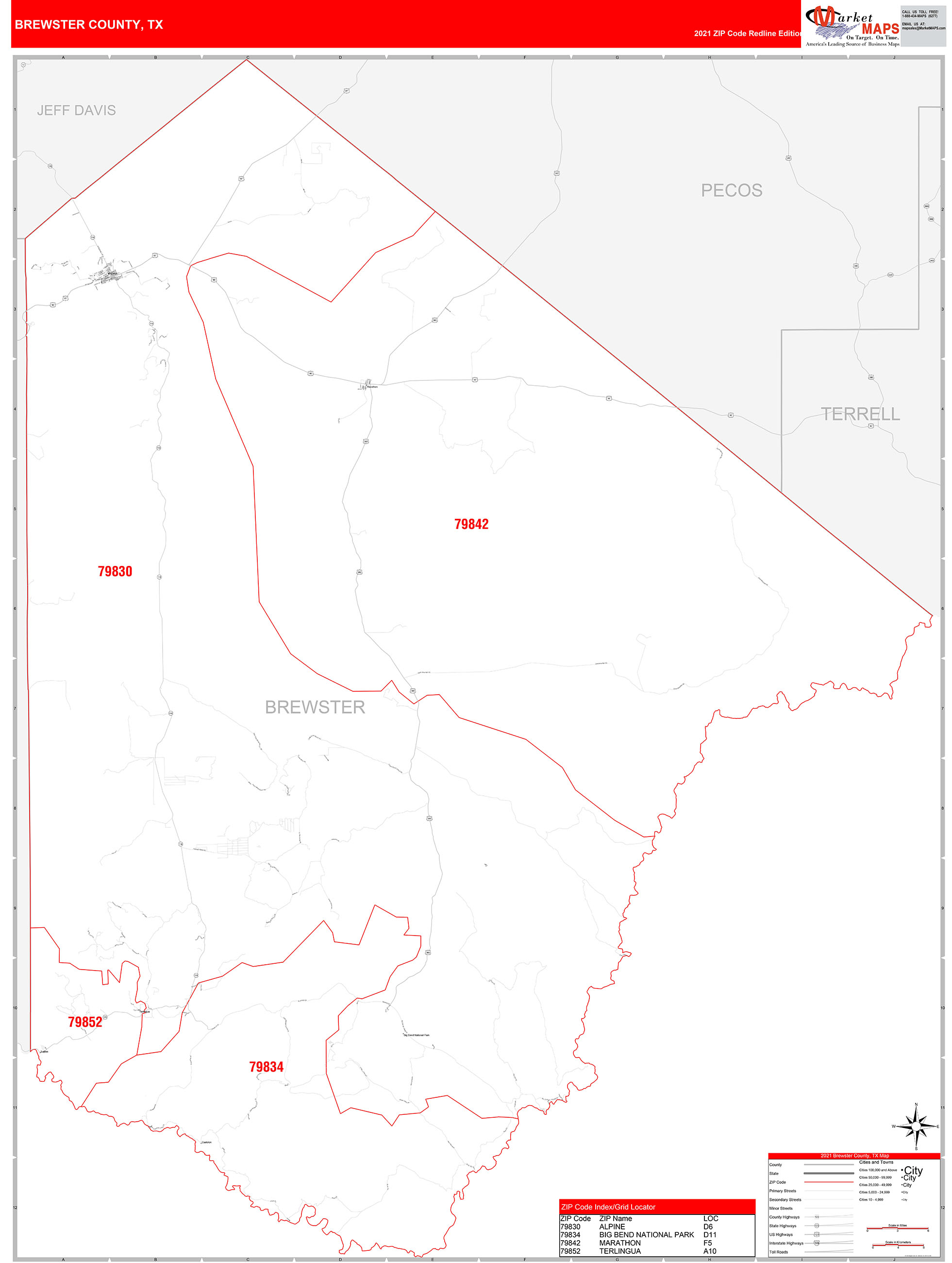 Brewster County, TX Zip Code Wall Map Red Line Style by MarketMAPS