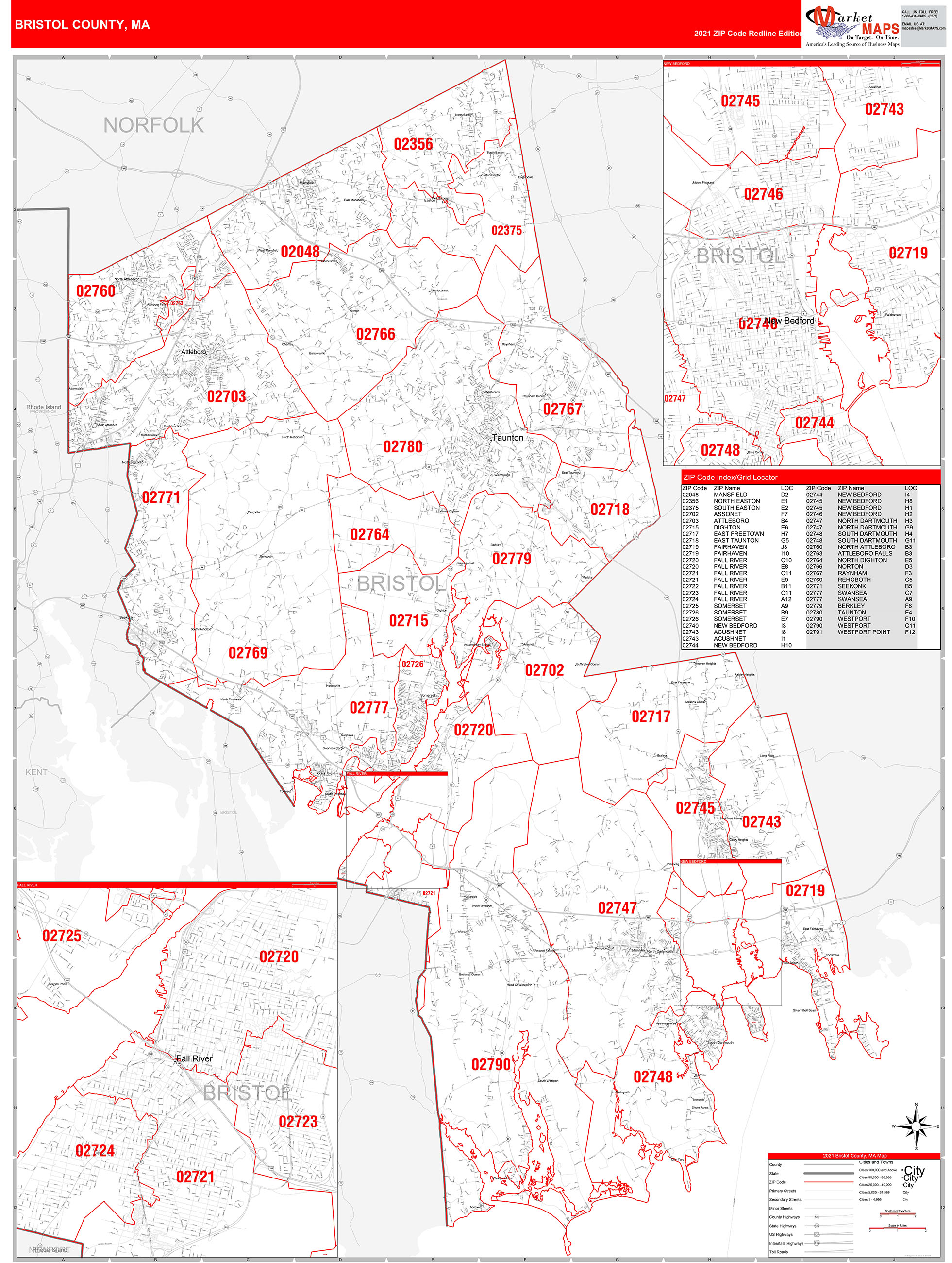 Bristol County Ma Zip Code Wall Map Red Line Style By Marketmaps